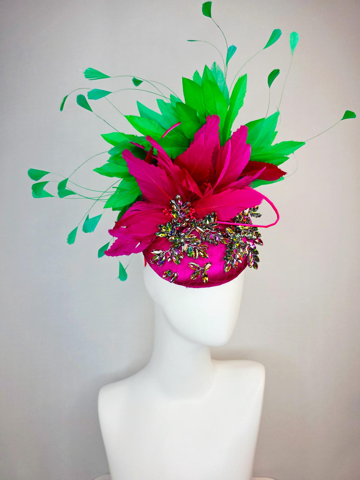 kentucky derby hat fascinator magenta pink satin with netting leaf vine iridescent crystal rhinestone and fuchsia pink lime green feathers