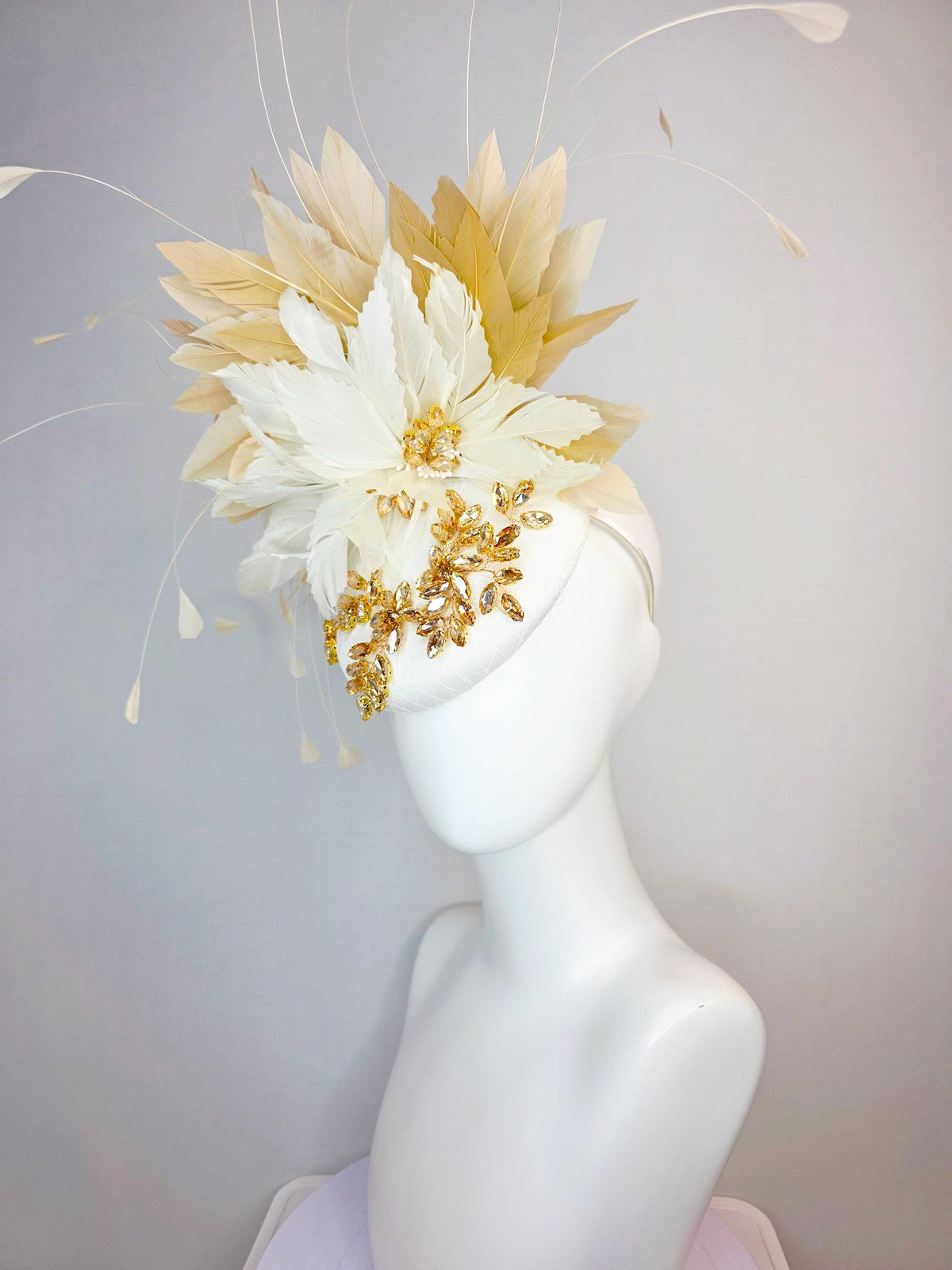 kentucky derby hat fascinator ivory white satin with netting leaf vine gold crystal rhinestone fluffy ivory white tan beige gold feathers