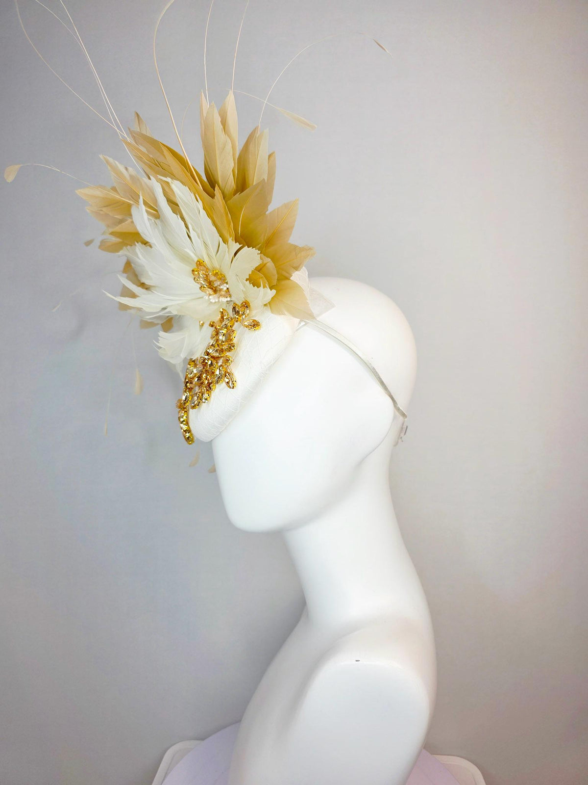 kentucky derby hat fascinator ivory white satin with netting leaf vine gold crystal rhinestone fluffy ivory white tan beige gold feathers