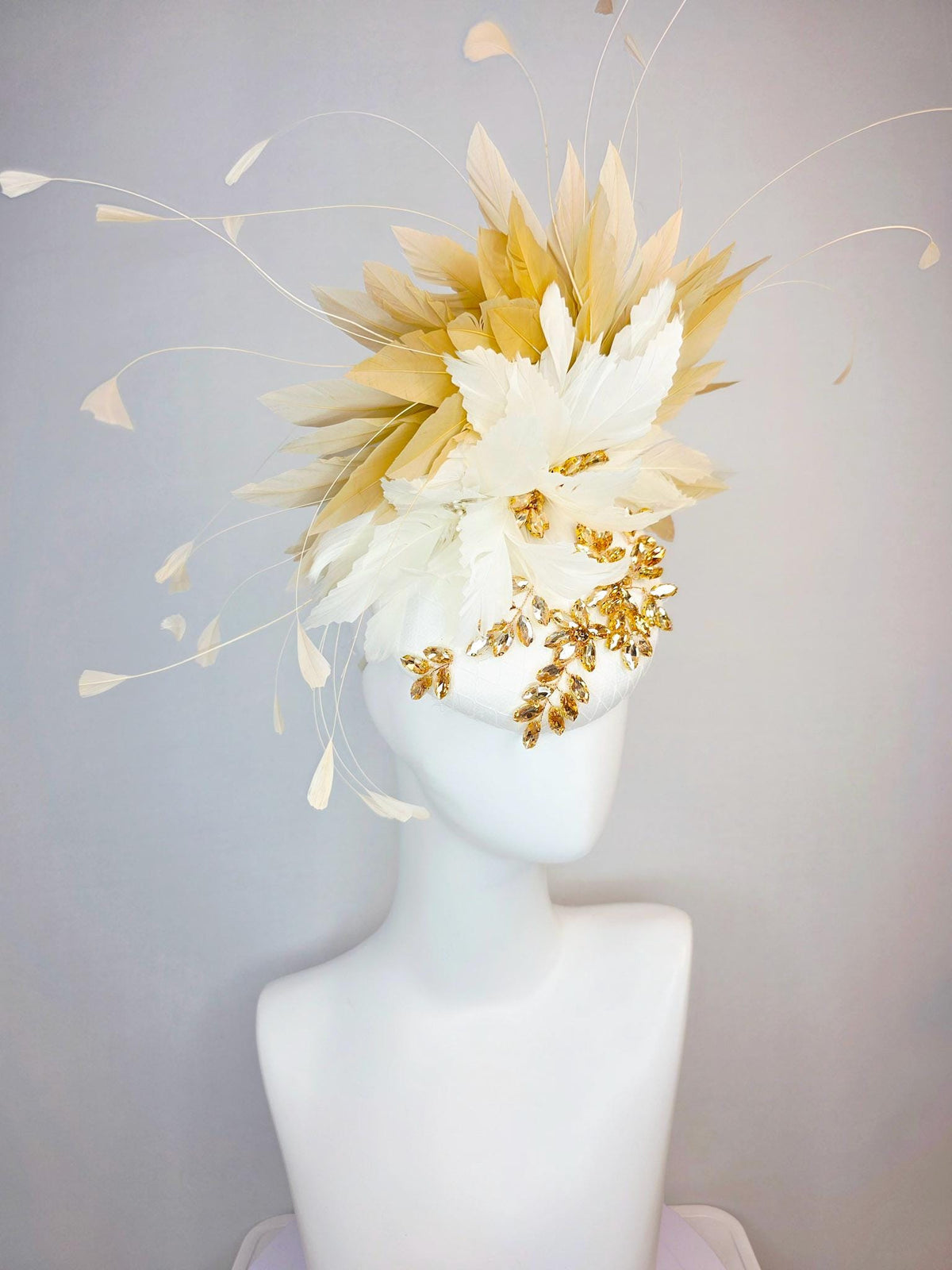 kentucky derby hat fascinator ivory white satin with netting leaf vine gold crystal rhinestone fluffy ivory white tan beige gold feathers
