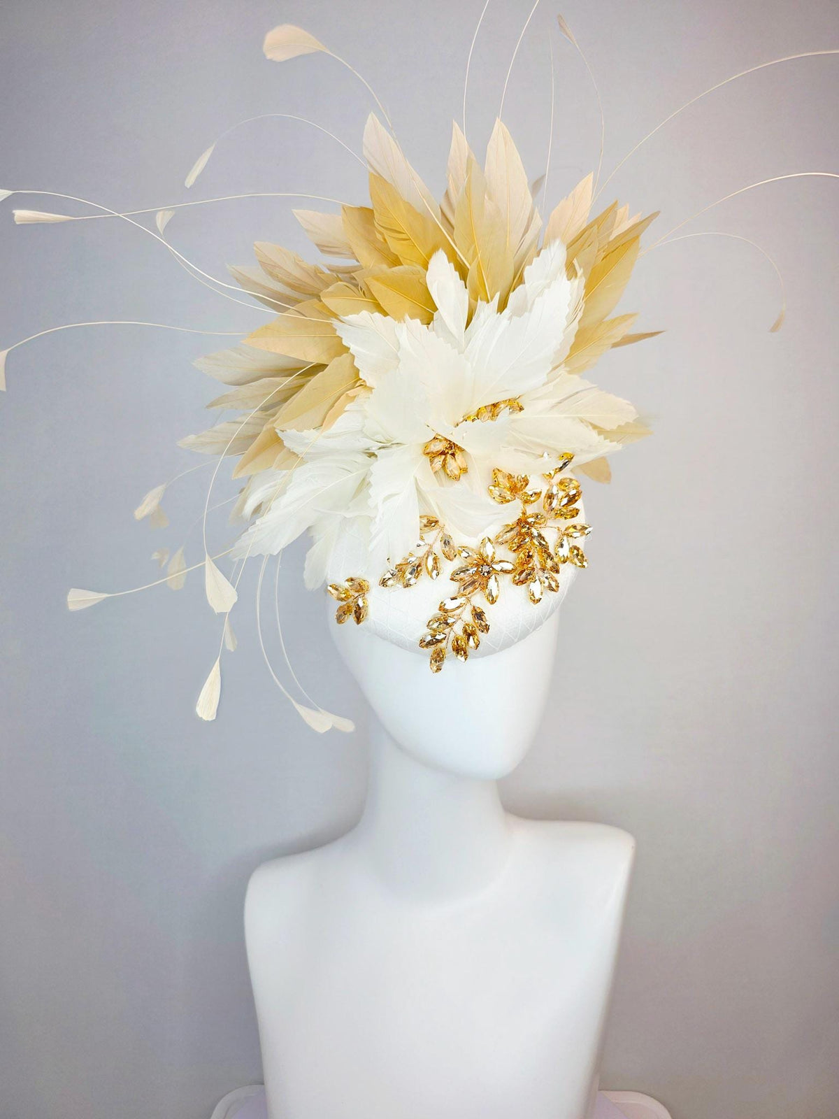 kentucky derby hat fascinator ivory white satin with netting leaf vine gold crystal rhinestone fluffy ivory white tan beige gold feathers