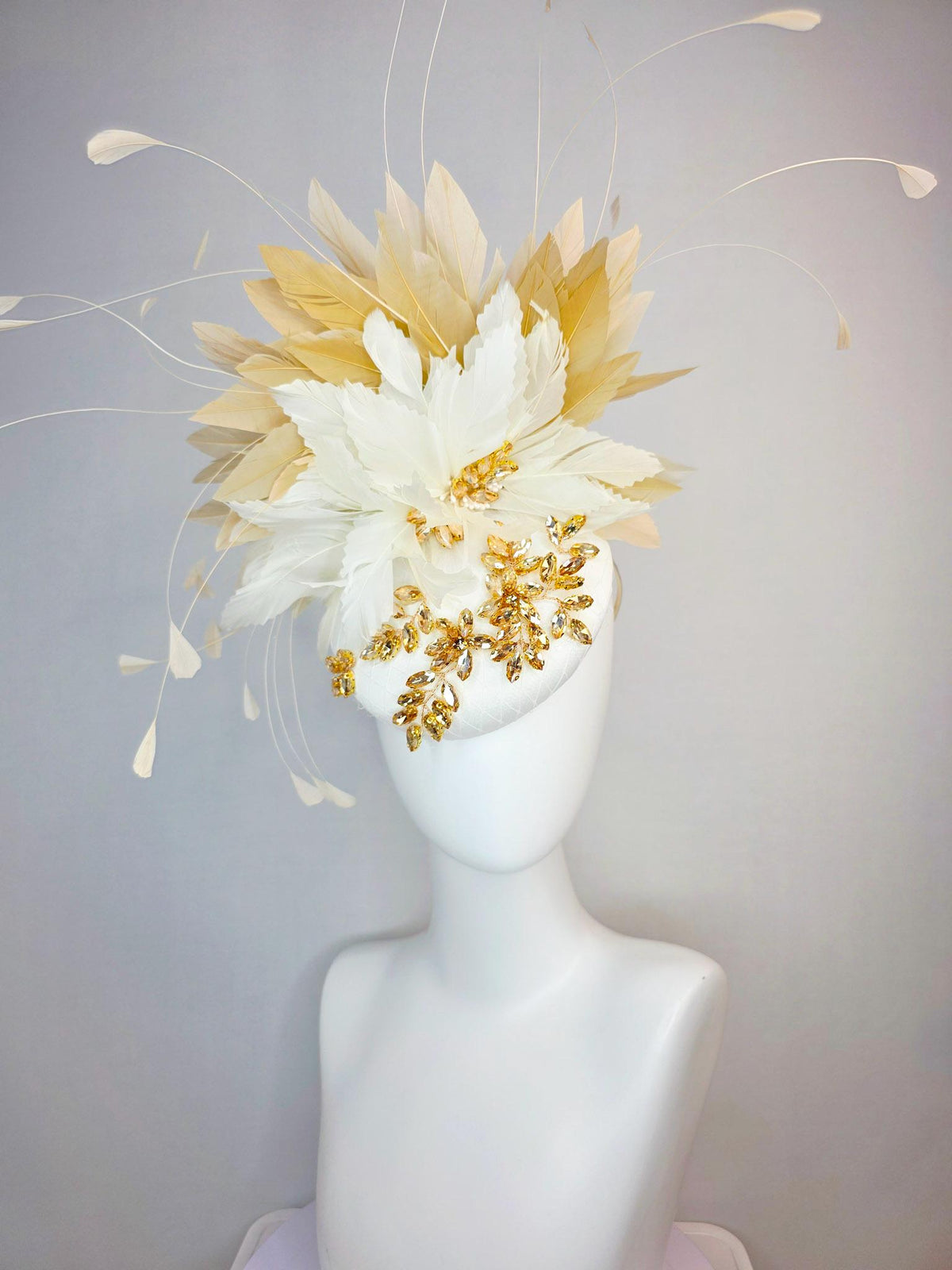 kentucky derby hat fascinator ivory white satin with netting leaf vine gold crystal rhinestone fluffy ivory white tan beige gold feathers