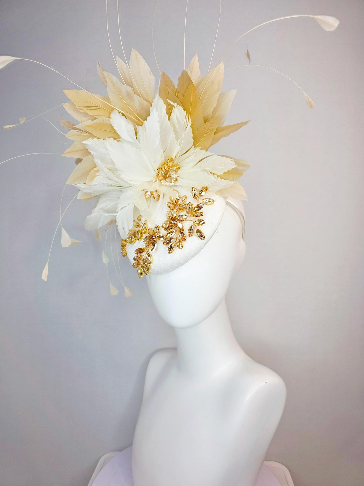 kentucky derby hat fascinator ivory white satin with netting leaf vine gold crystal rhinestone fluffy ivory white tan beige gold feathers