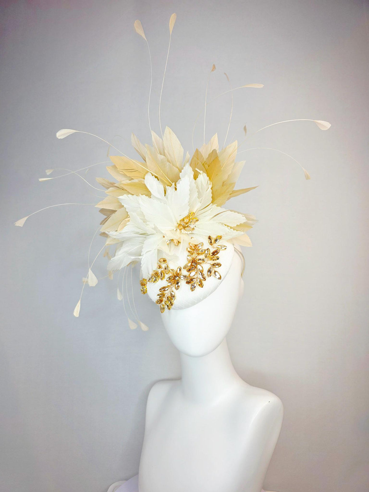 kentucky derby hat fascinator ivory white satin with netting leaf vine gold crystal rhinestone fluffy ivory white tan beige gold feathers