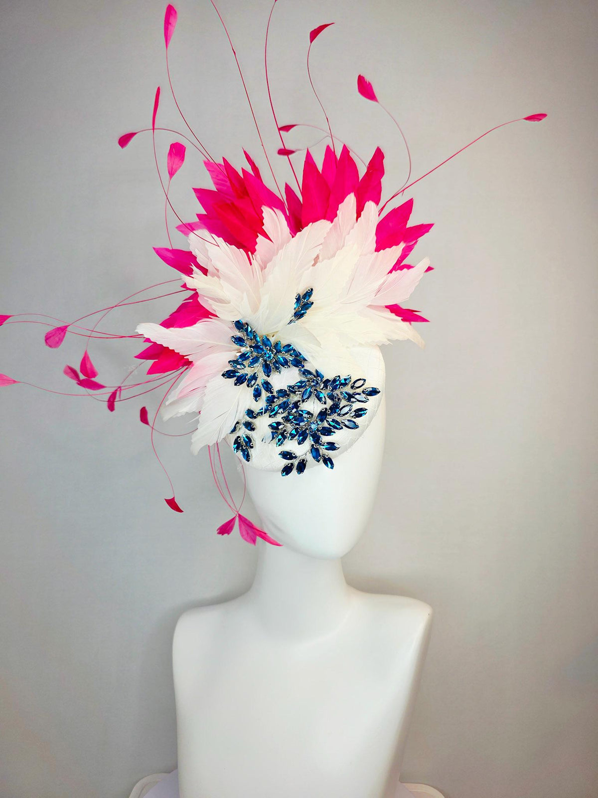 kentucky derby hat fascinator ivory white satin with netting leaf vine blue crystal rhinestone and fluffy ivory white hot pink feathers