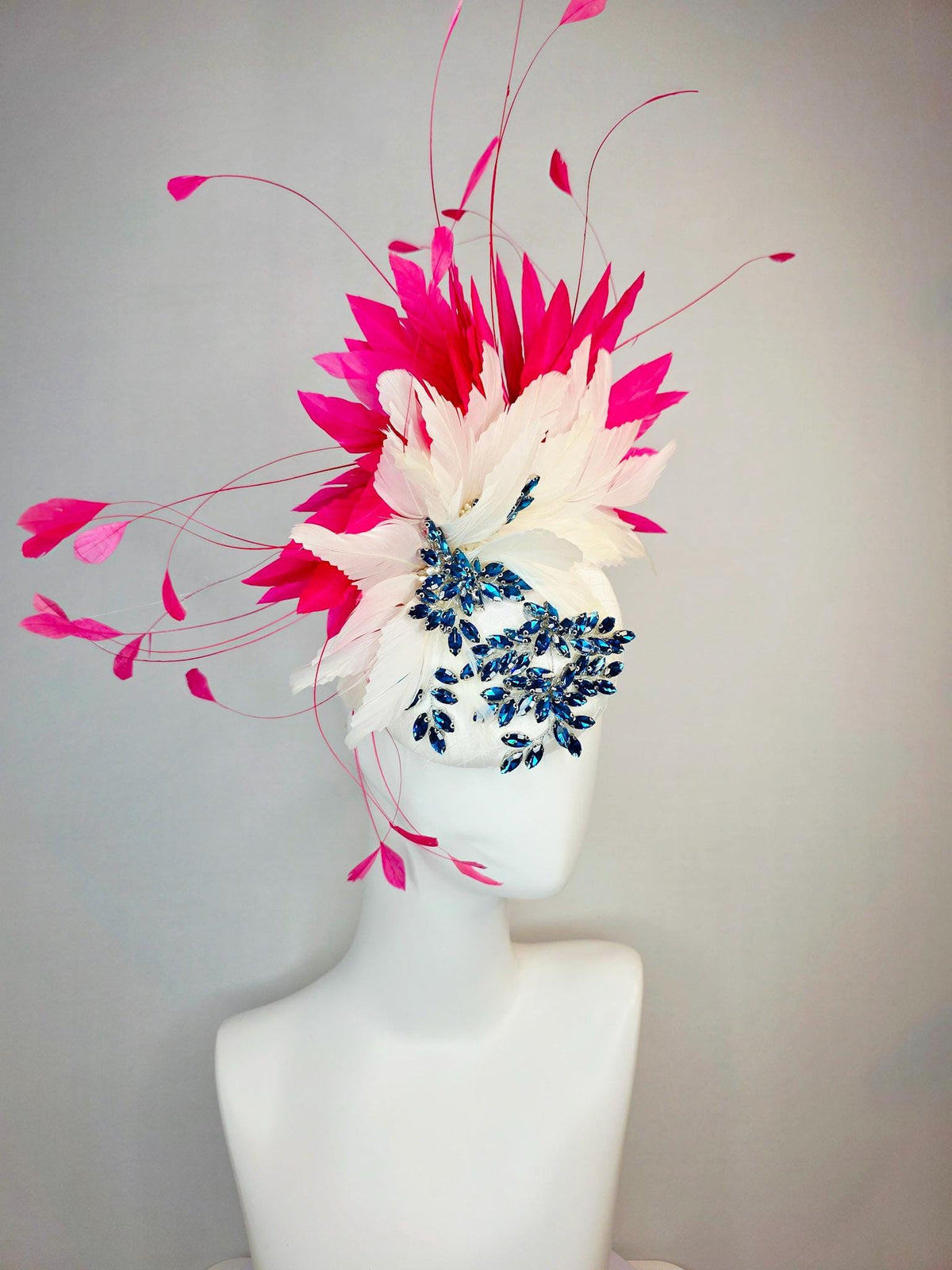 kentucky derby hat fascinator ivory white satin with netting leaf vine blue crystal rhinestone and fluffy ivory white hot pink feathers