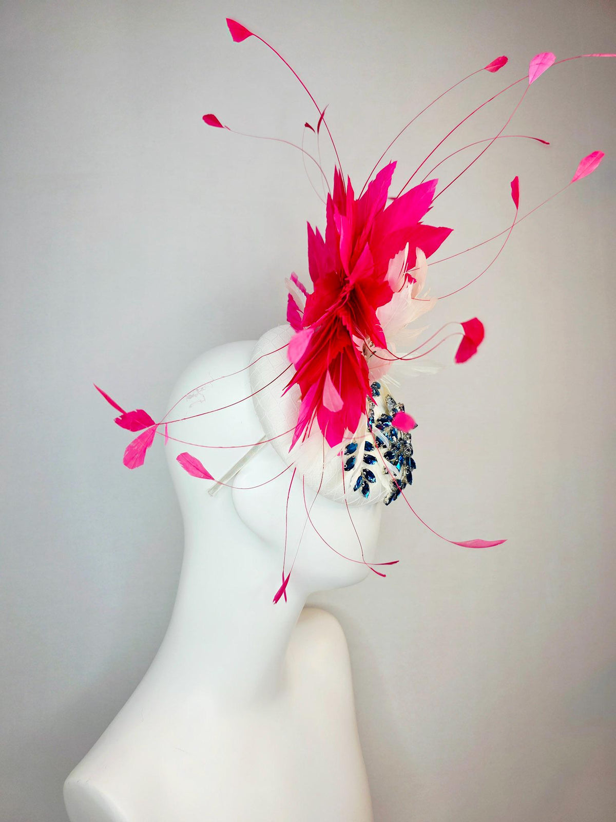kentucky derby hat fascinator ivory white satin with netting leaf vine blue crystal rhinestone and fluffy ivory white hot pink feathers