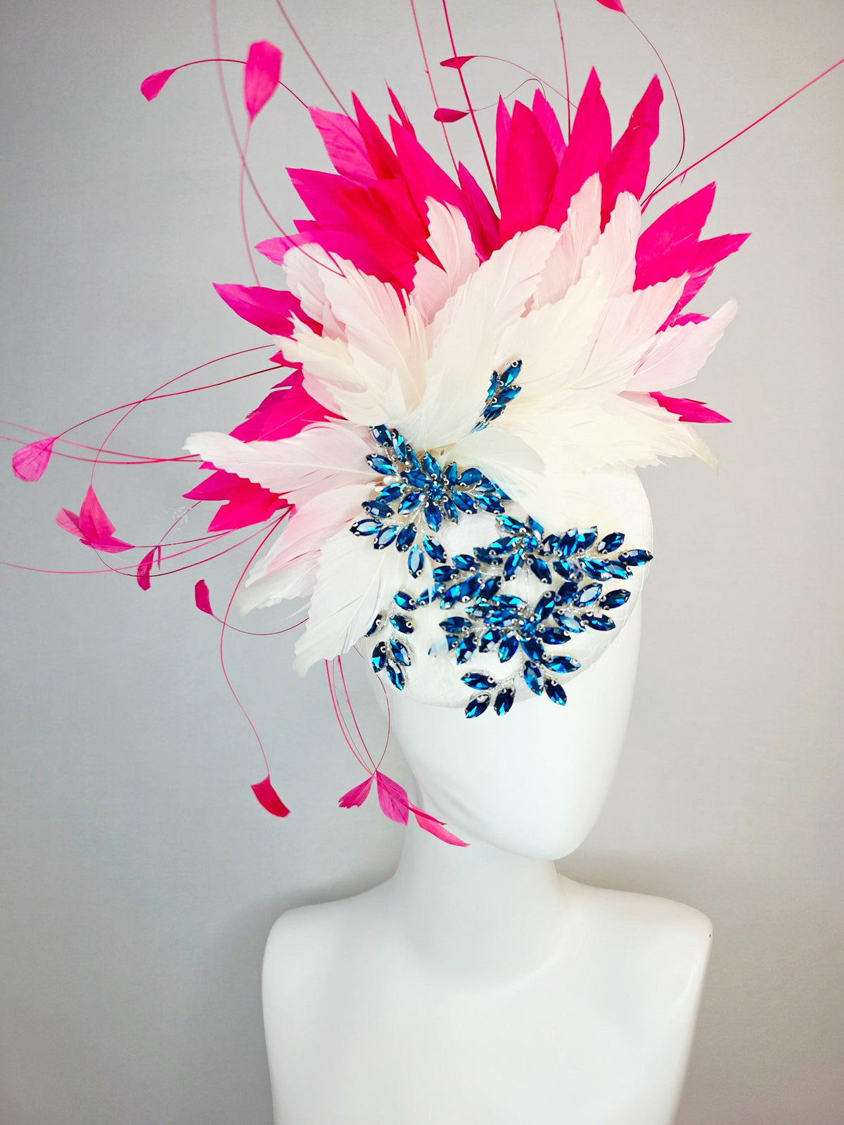 kentucky derby hat fascinator ivory white satin with netting leaf vine blue crystal rhinestone and fluffy ivory white hot pink feathers