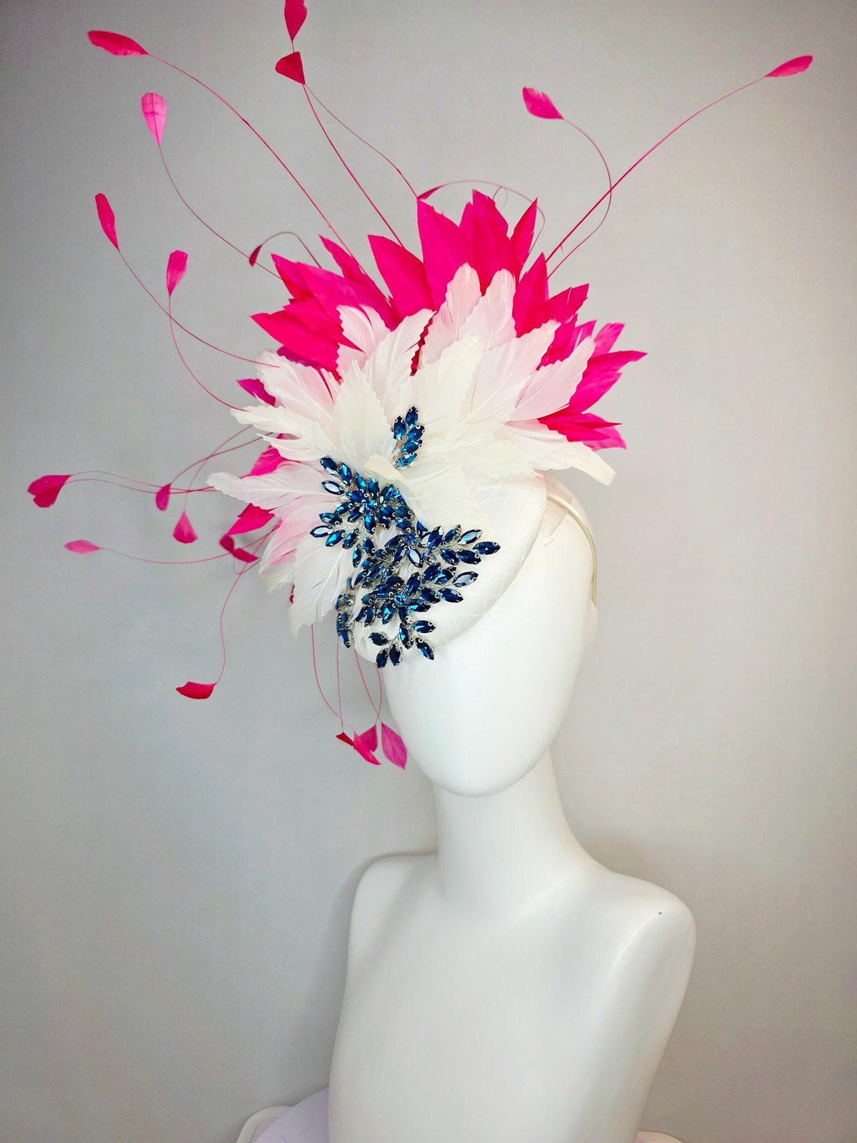 kentucky derby hat fascinator ivory white satin with netting leaf vine blue crystal rhinestone and fluffy ivory white hot pink feathers