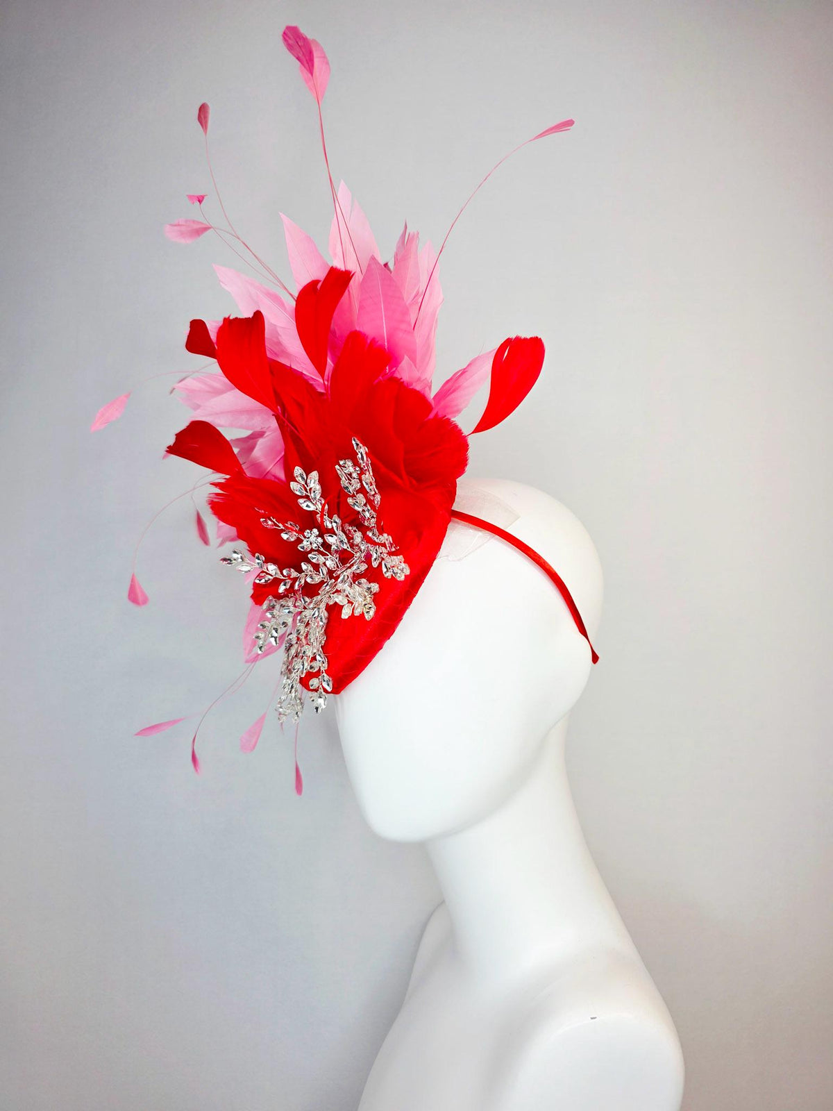 kentucky derby hat fascinator scarlet red satin with netting leaf vine clear silver crystal rhinestone fluffy bright red blush pink feathers