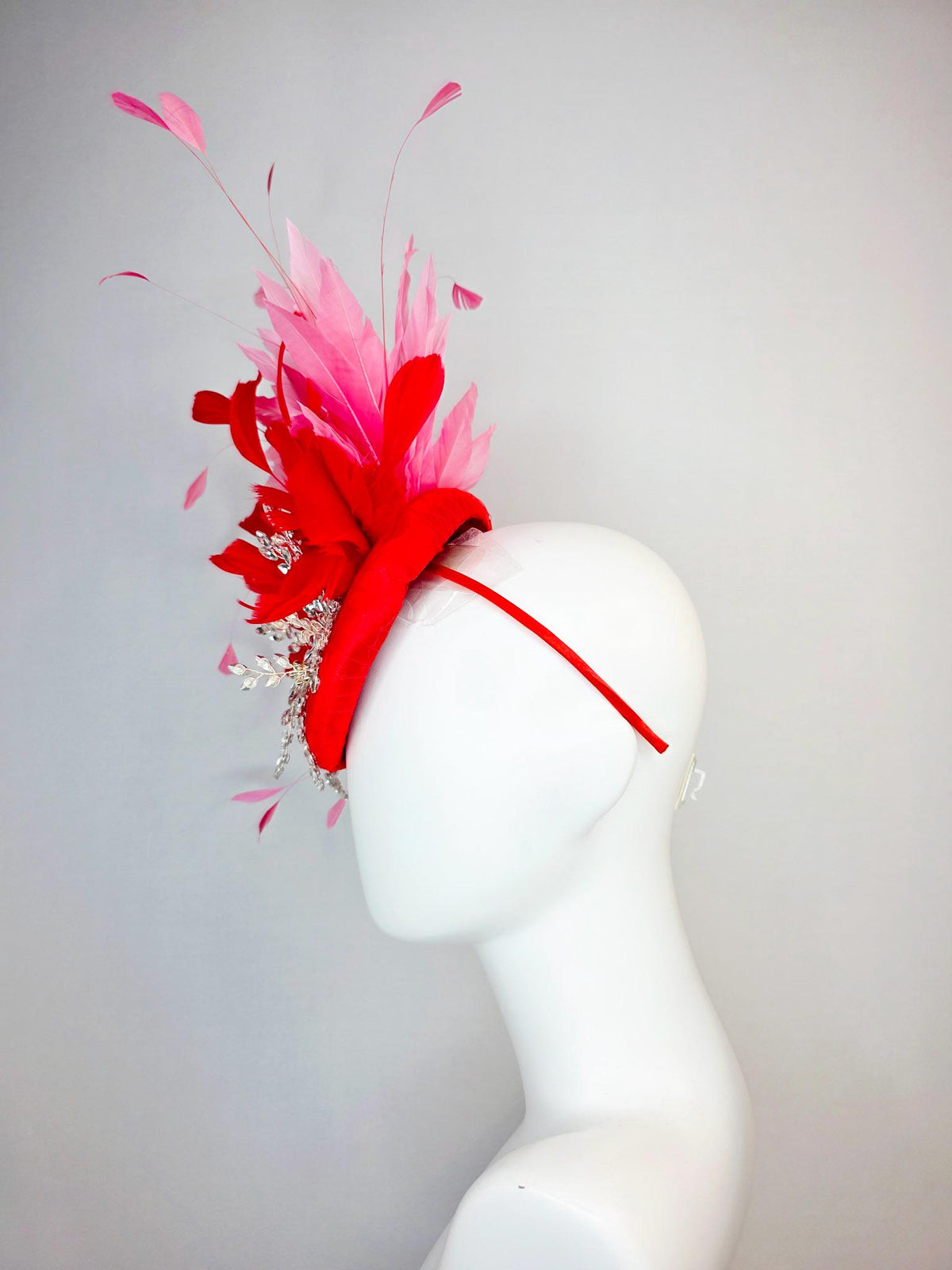kentucky derby hat fascinator scarlet red satin with netting leaf vine clear silver crystal rhinestone fluffy bright red blush pink feathers
