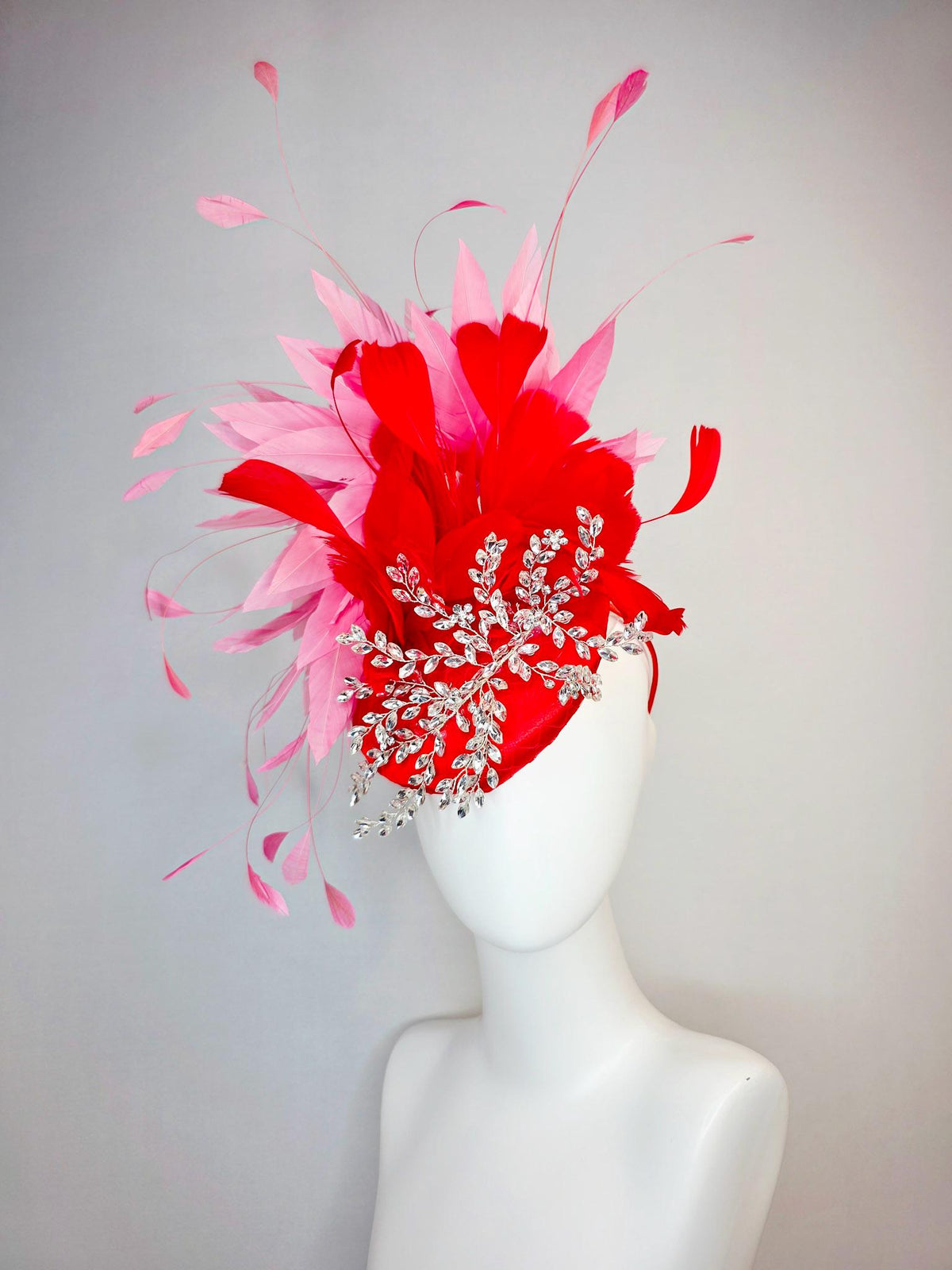 kentucky derby hat fascinator scarlet red satin with netting leaf vine clear silver crystal rhinestone fluffy bright red blush pink feathers