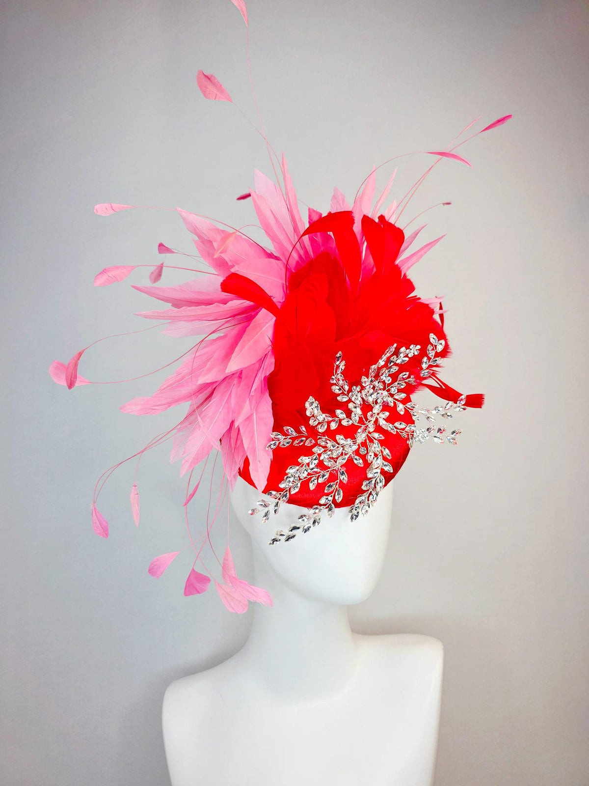 kentucky derby hat fascinator scarlet red satin with netting leaf vine clear silver crystal rhinestone fluffy bright red blush pink feathers