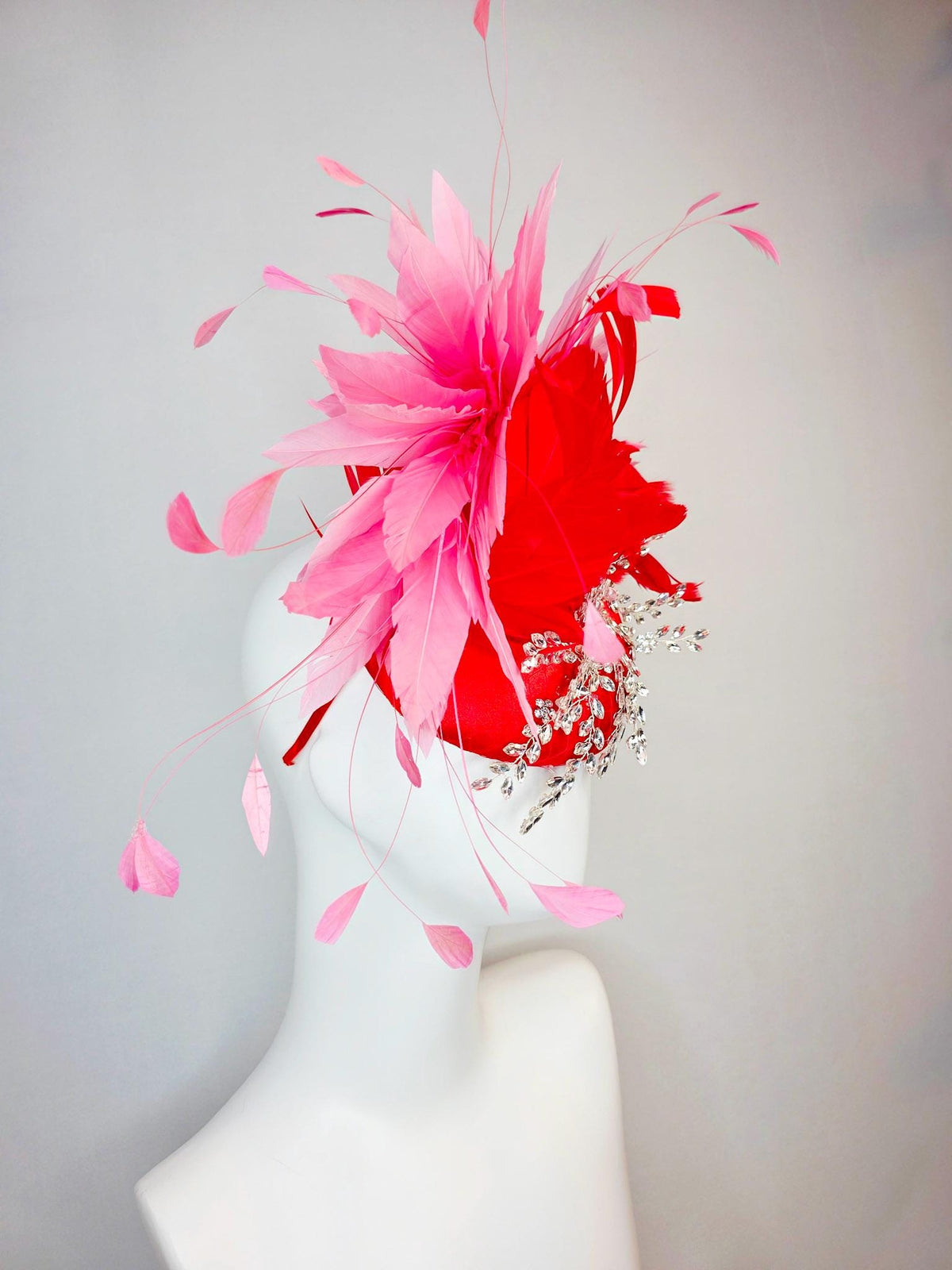 kentucky derby hat fascinator scarlet red satin with netting leaf vine clear silver crystal rhinestone fluffy bright red blush pink feathers