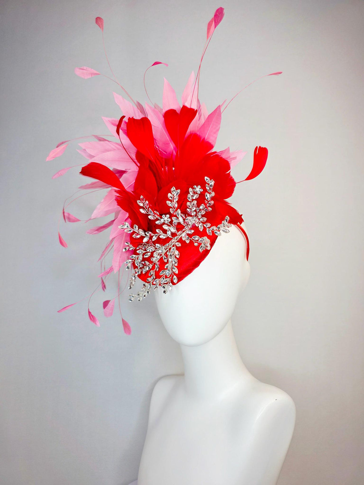 kentucky derby hat fascinator scarlet red satin with netting leaf vine clear silver crystal rhinestone fluffy bright red blush pink feathers