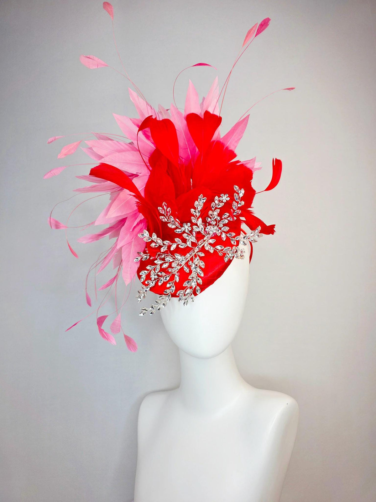kentucky derby hat fascinator scarlet red satin with netting leaf vine clear silver crystal rhinestone fluffy bright red blush pink feathers