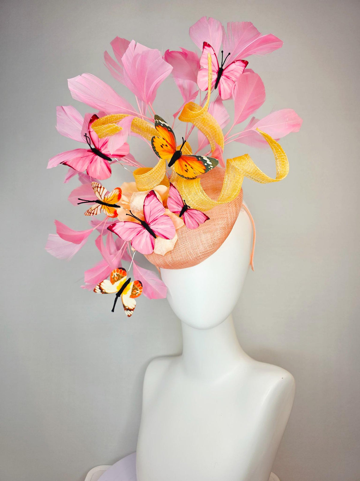 kentucky derby hat fascinator champagne sinamay yellow curls cream gold organza flower light pink feathers orange black pink butterflies