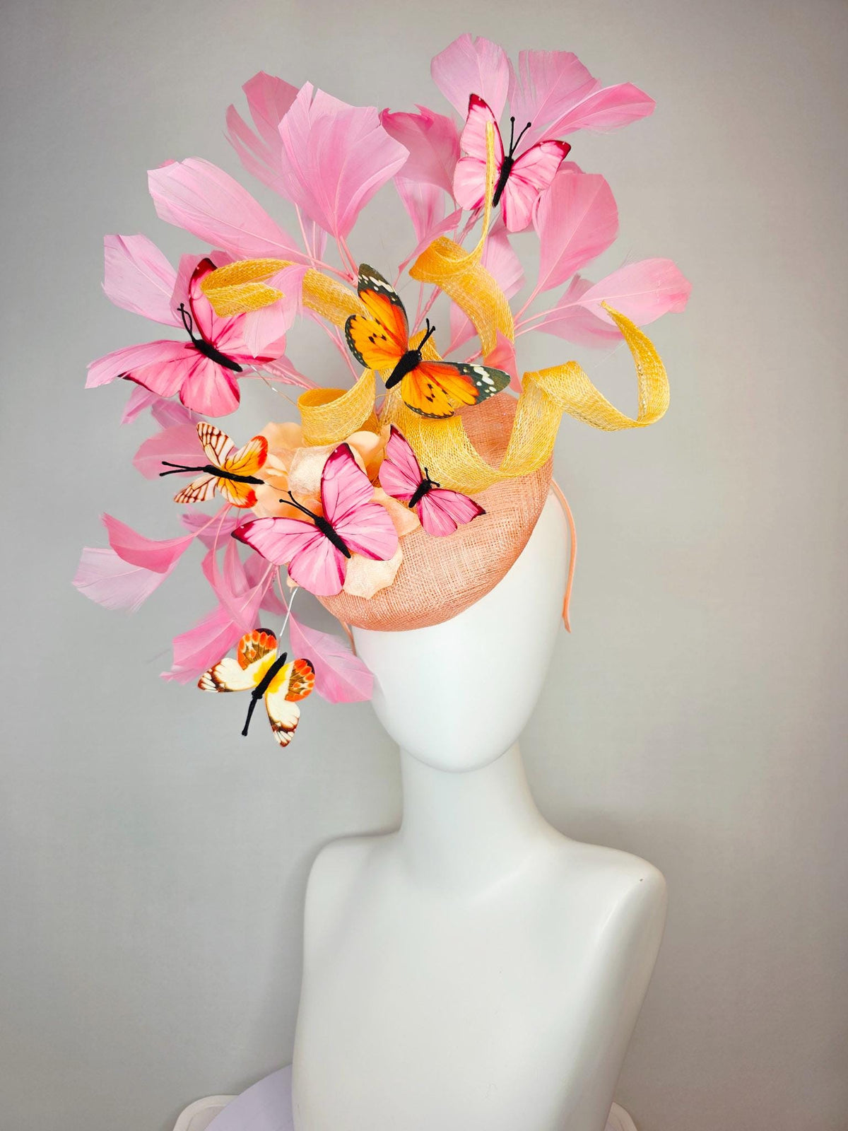 kentucky derby hat fascinator champagne sinamay yellow curls cream gold organza flower light pink feathers orange black pink butterflies