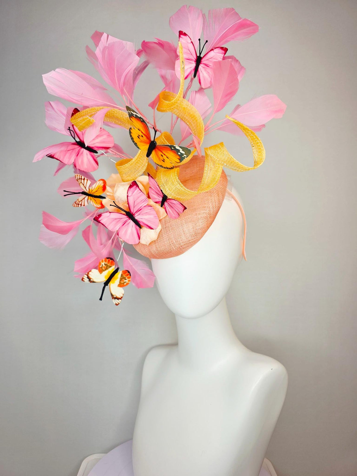kentucky derby hat fascinator champagne sinamay yellow curls cream gold organza flower light pink feathers orange black pink butterflies