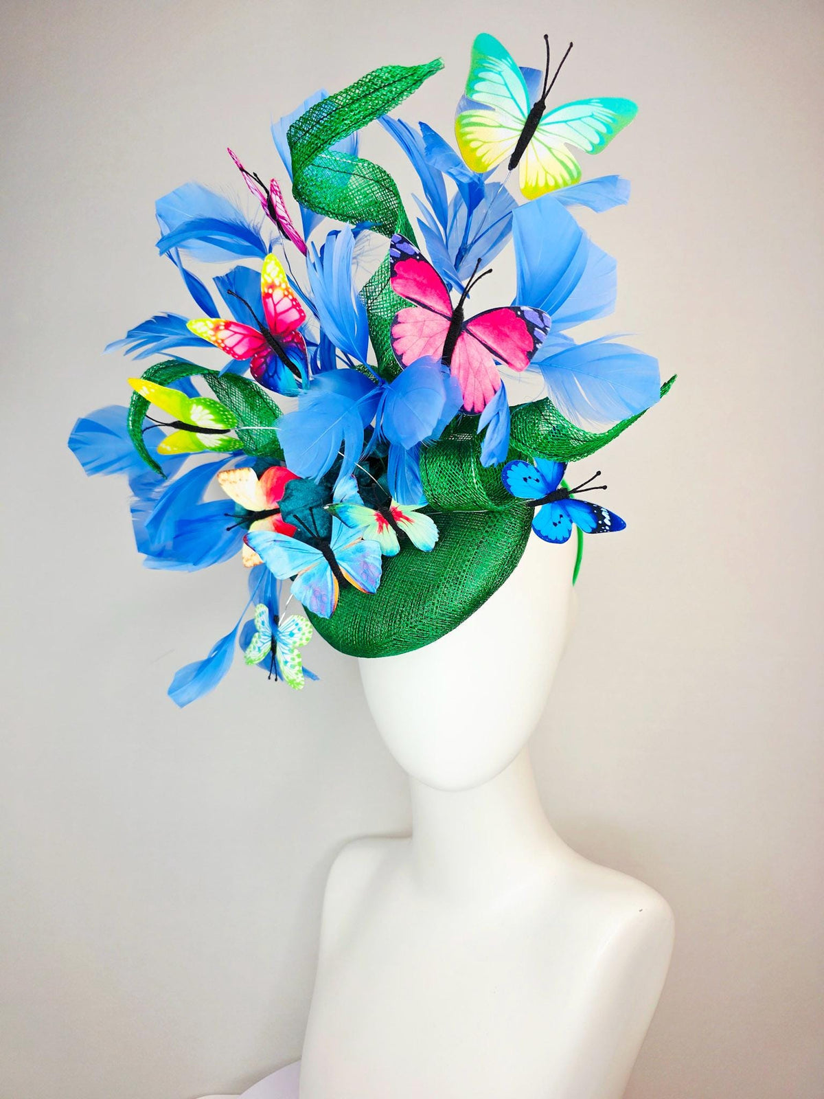 kentucky derby hat fascinator green sinamay with curls teal blue organza flower cobalt sky blue feathers pink red yellow purple butterflies