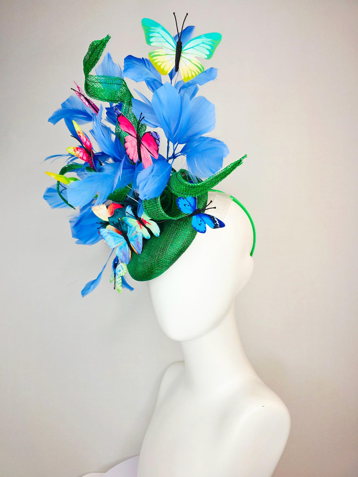 kentucky derby hat fascinator green sinamay with curls teal blue organza flower cobalt sky blue feathers pink red yellow purple butterflies