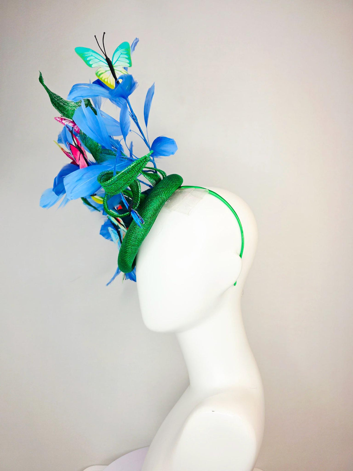 kentucky derby hat fascinator green sinamay with curls teal blue organza flower cobalt sky blue feathers pink red yellow purple butterflies