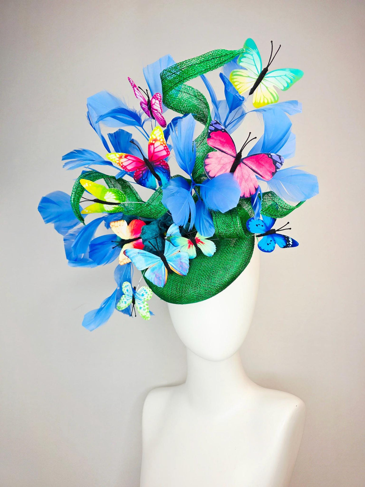 kentucky derby hat fascinator green sinamay with curls teal blue organza flower cobalt sky blue feathers pink red yellow purple butterflies