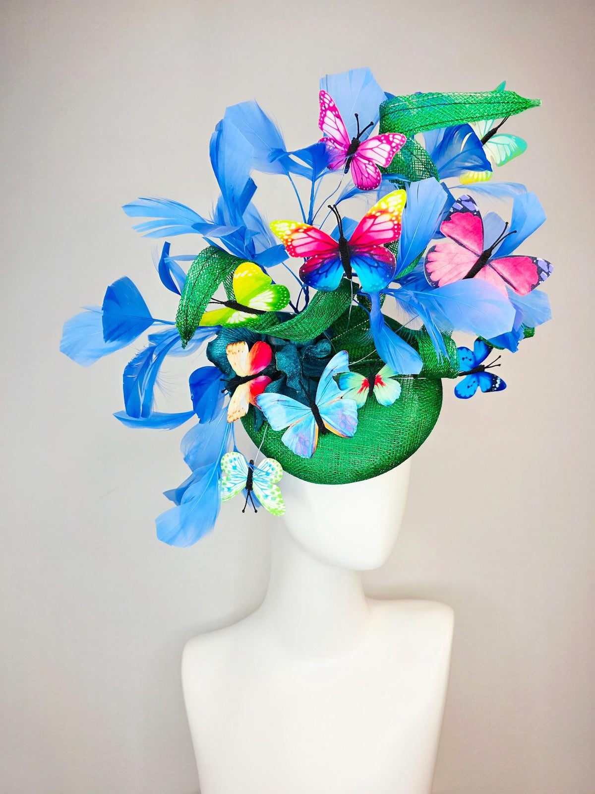 kentucky derby hat fascinator green sinamay with curls teal blue organza flower cobalt sky blue feathers pink red yellow purple butterflies