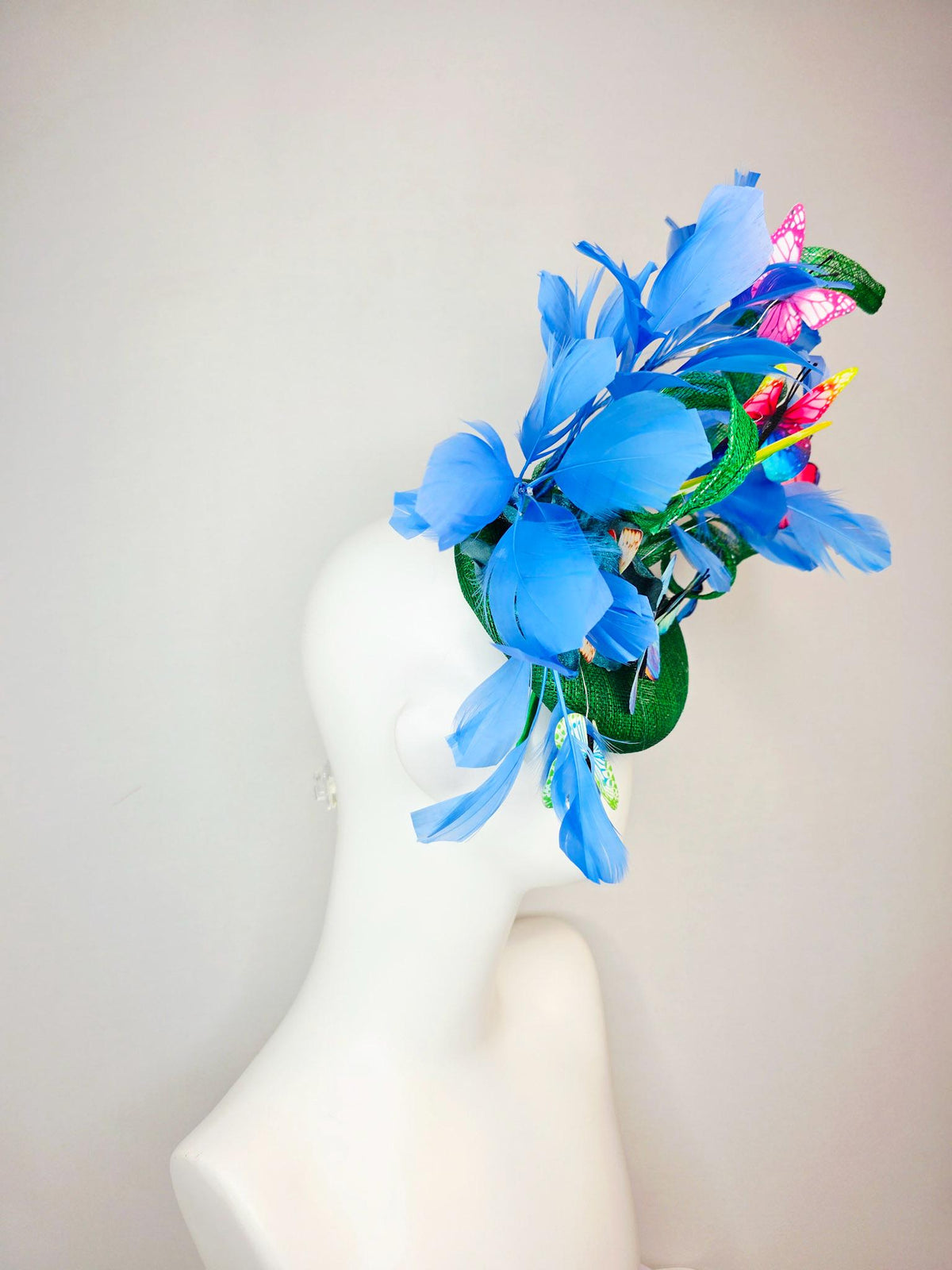 kentucky derby hat fascinator green sinamay with curls teal blue organza flower cobalt sky blue feathers pink red yellow purple butterflies