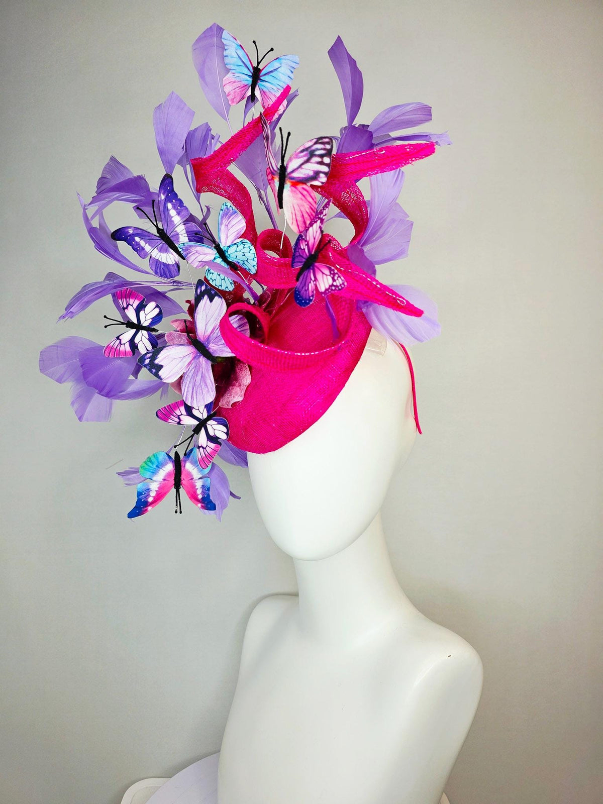 kentucky derby hat fascinator hot pink sinamay with curls ombre pink organza flower lavender feathers blue purple pink white butterflies