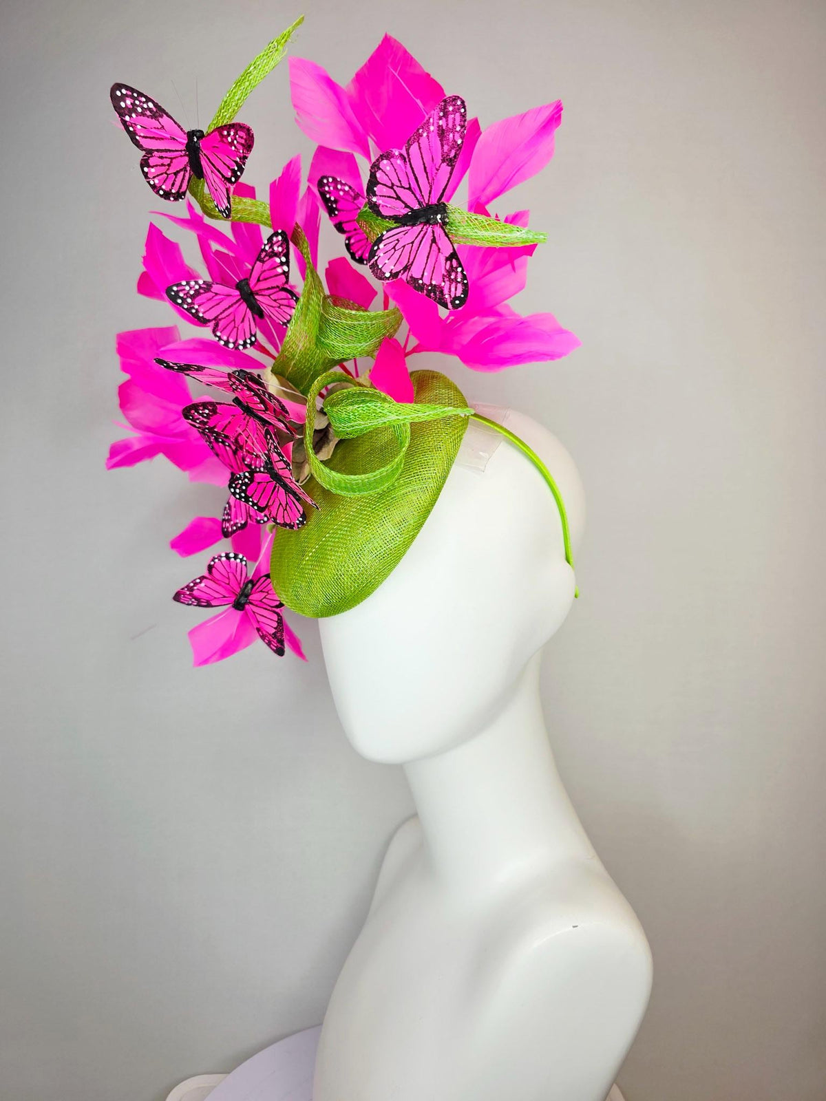 kentucky derby hat fascinator lime green sinamay with curls cream gold organza flower fuchsia pink feathers bright pink black butterflies