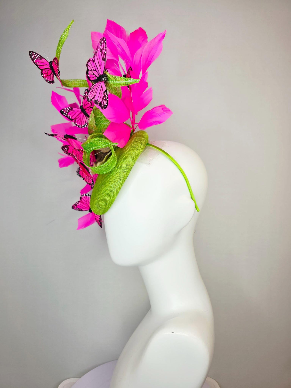 kentucky derby hat fascinator lime green sinamay with curls cream gold organza flower fuchsia pink feathers bright pink black butterflies