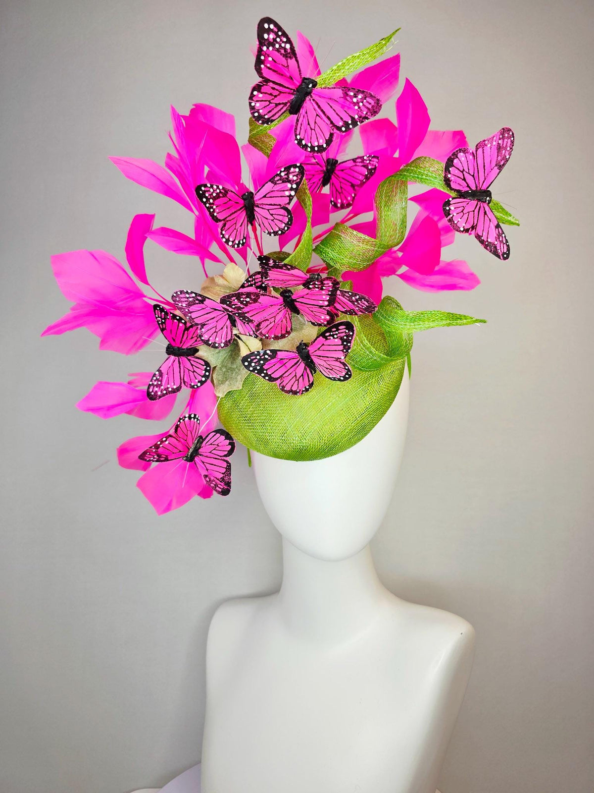 kentucky derby hat fascinator lime green sinamay with curls cream gold organza flower fuchsia pink feathers bright pink black butterflies
