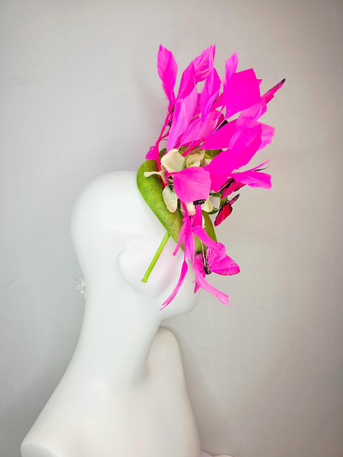 kentucky derby hat fascinator lime green sinamay with curls cream gold organza flower fuchsia pink feathers bright pink black butterflies