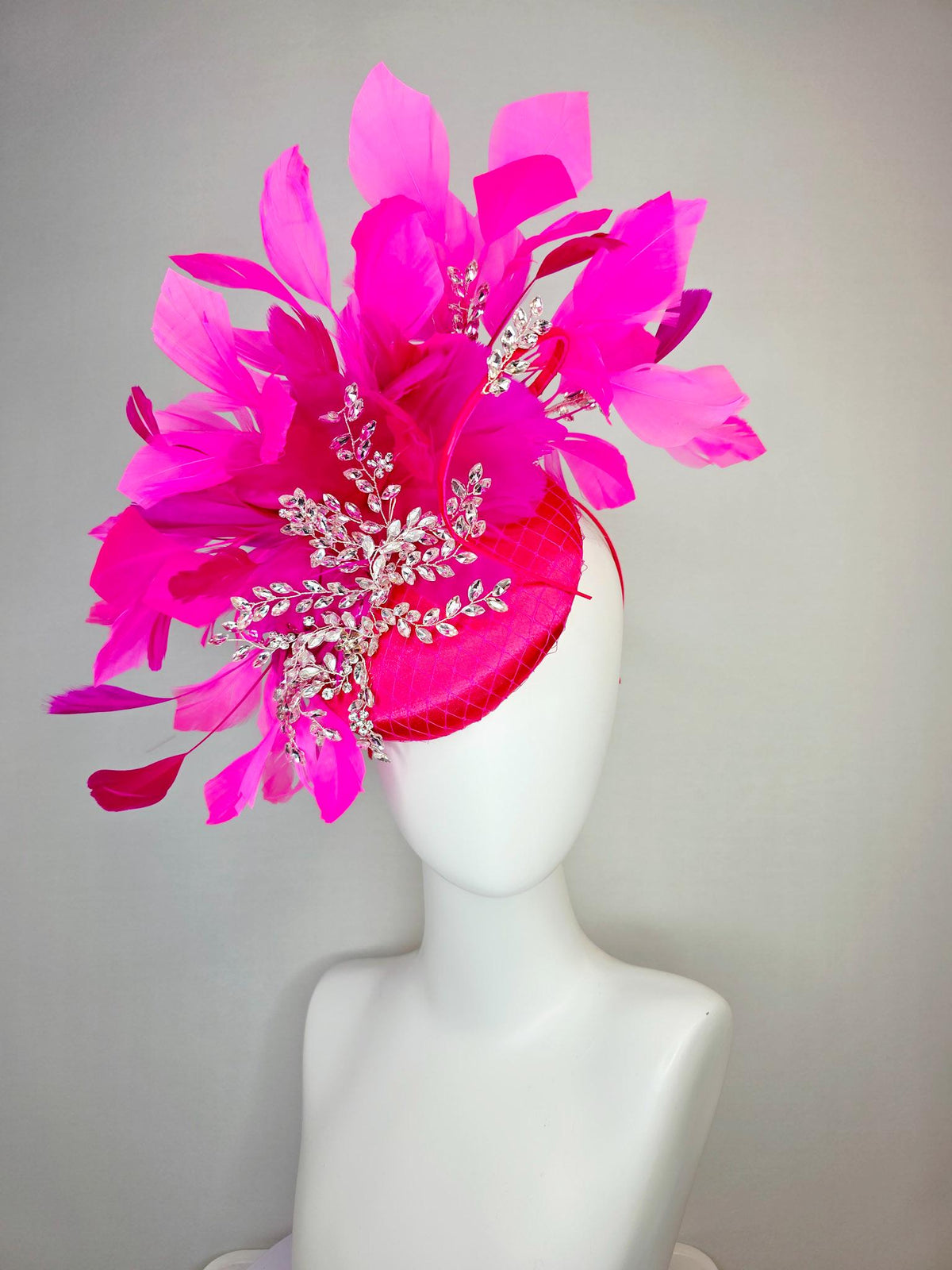kentucky derby hat fascinator hot bright pink satin with netting saucer leaf vine crystal rhinestone jewels fuchsia pink branching feathers