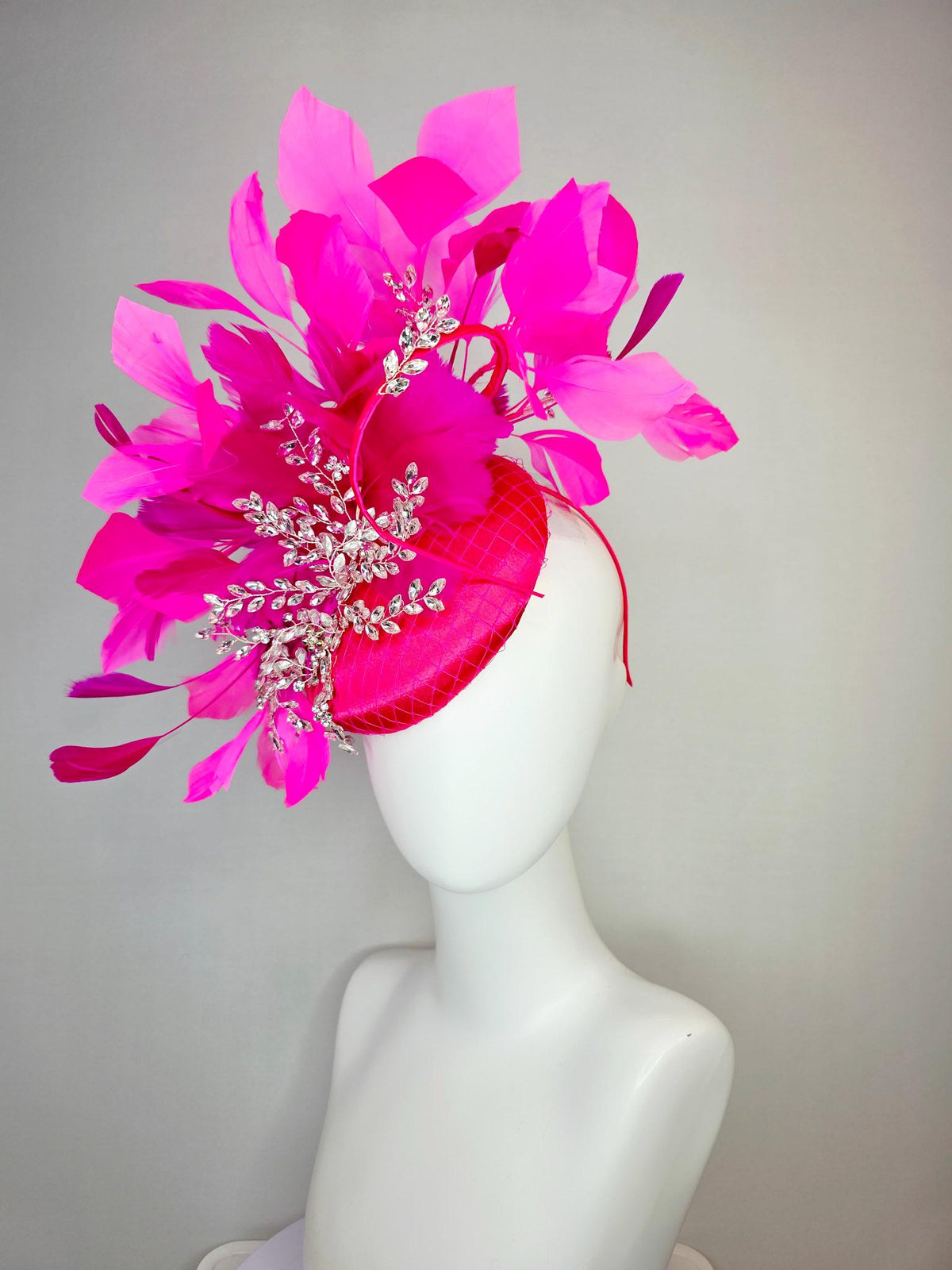 kentucky derby hat fascinator hot bright pink satin with netting saucer leaf vine crystal rhinestone jewels fuchsia pink branching feathers