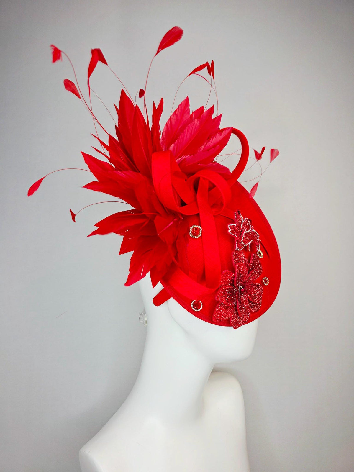 kentucky derby hat fascinator bright red shantung saucer with shantung bow red crystal rhinestone flowers scarlert red branching feathers
