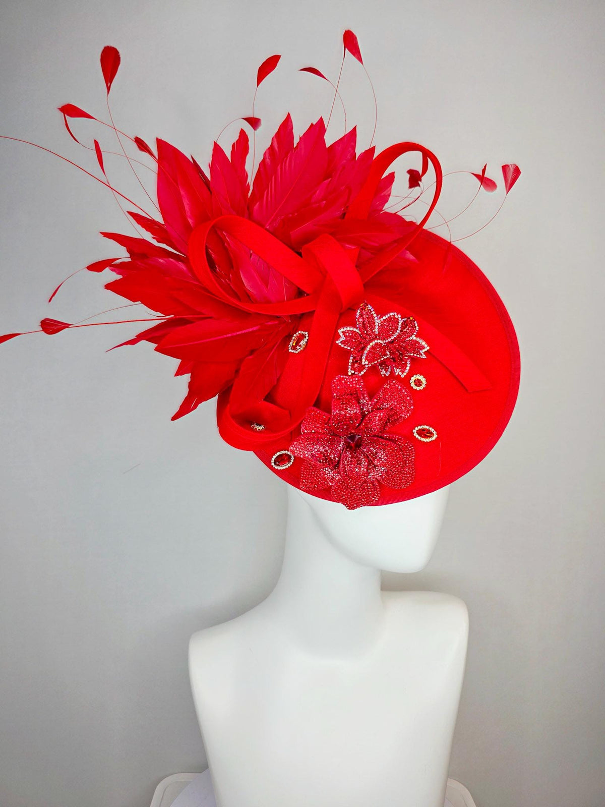 kentucky derby hat fascinator bright red shantung saucer with shantung bow red crystal rhinestone flowers scarlert red branching feathers