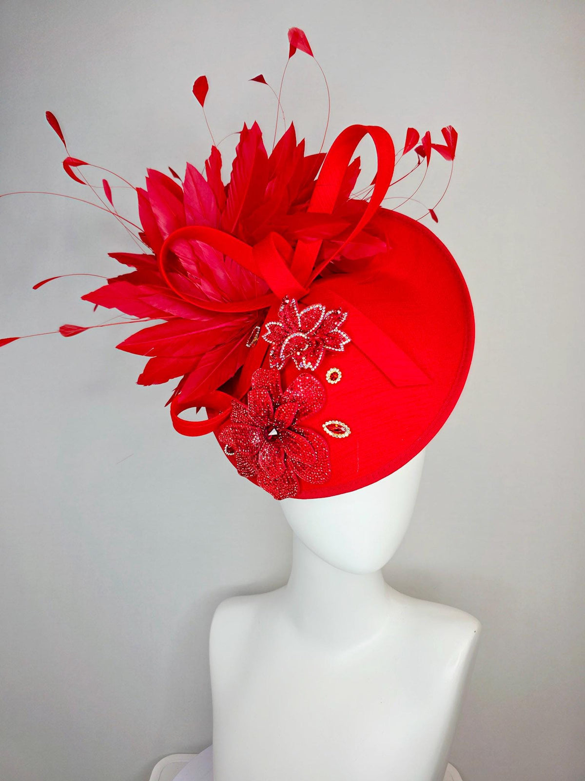 kentucky derby hat fascinator bright red shantung saucer with shantung bow red crystal rhinestone flowers scarlert red branching feathers