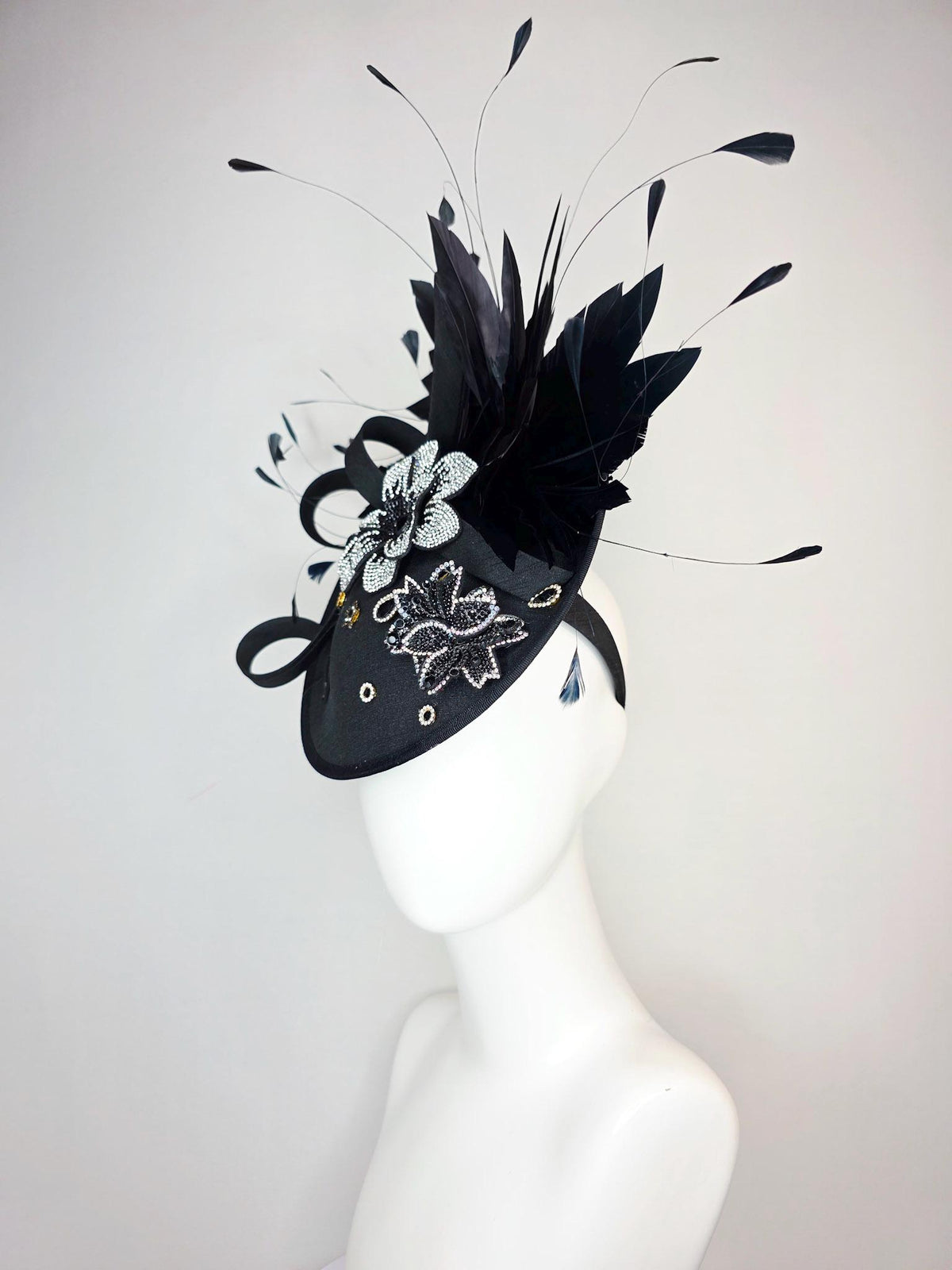 kentucky derby hat fascinator black shantung saucer with shantung bow black silver crystal rhinestone flowers and black branching feathers