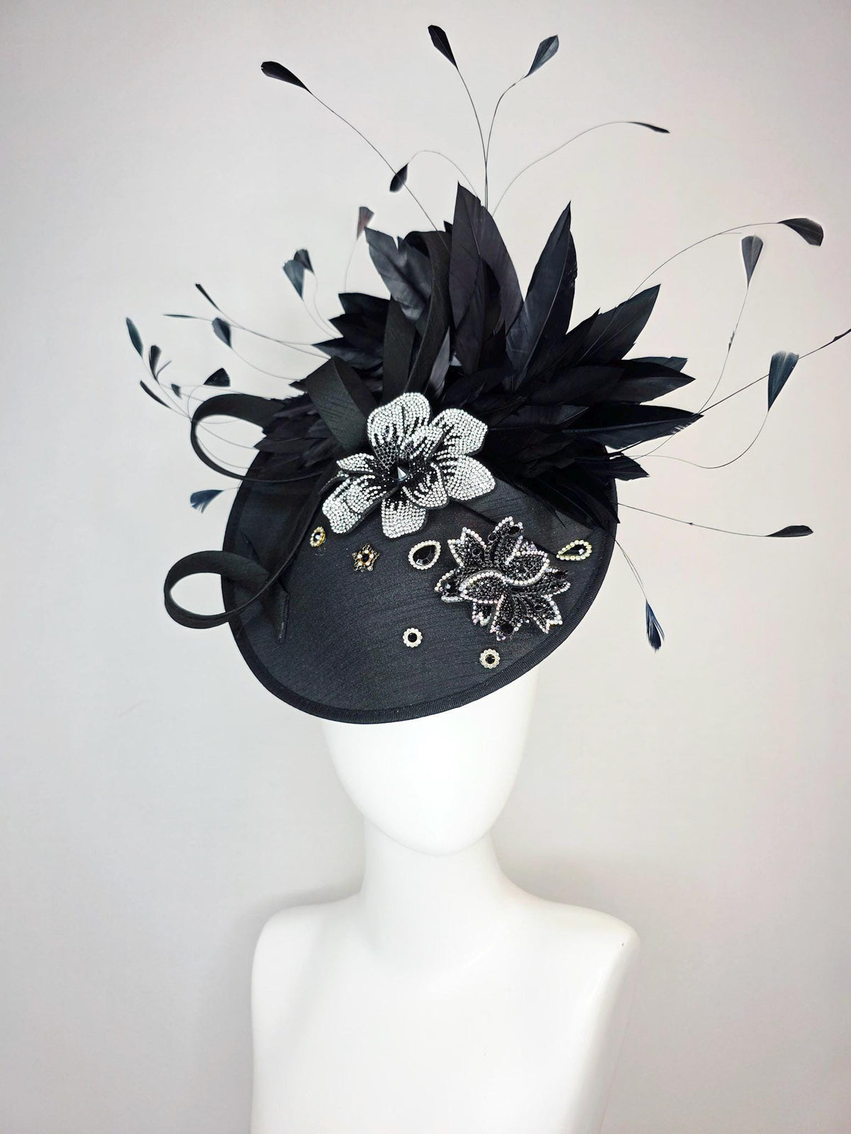 kentucky derby hat fascinator black shantung saucer with shantung bow black silver crystal rhinestone flowers and black branching feathers