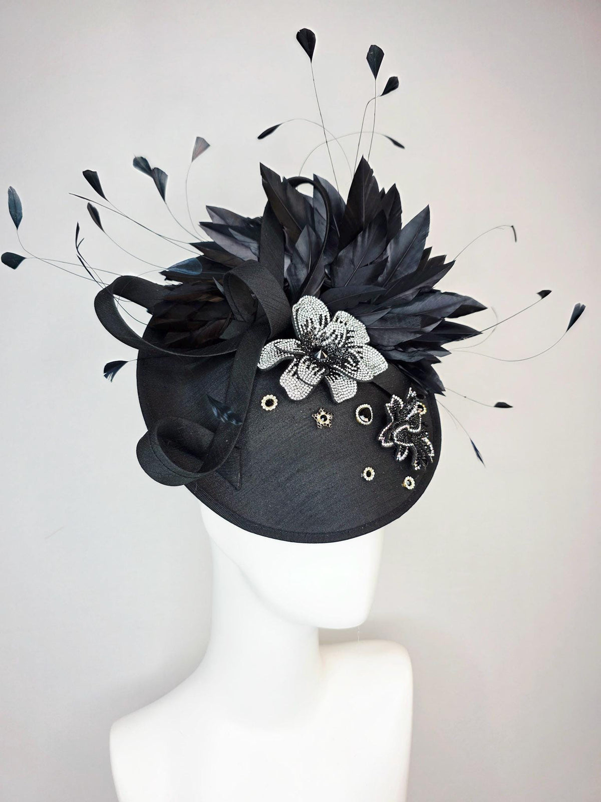 kentucky derby hat fascinator black shantung saucer with shantung bow black silver crystal rhinestone flowers and black branching feathers