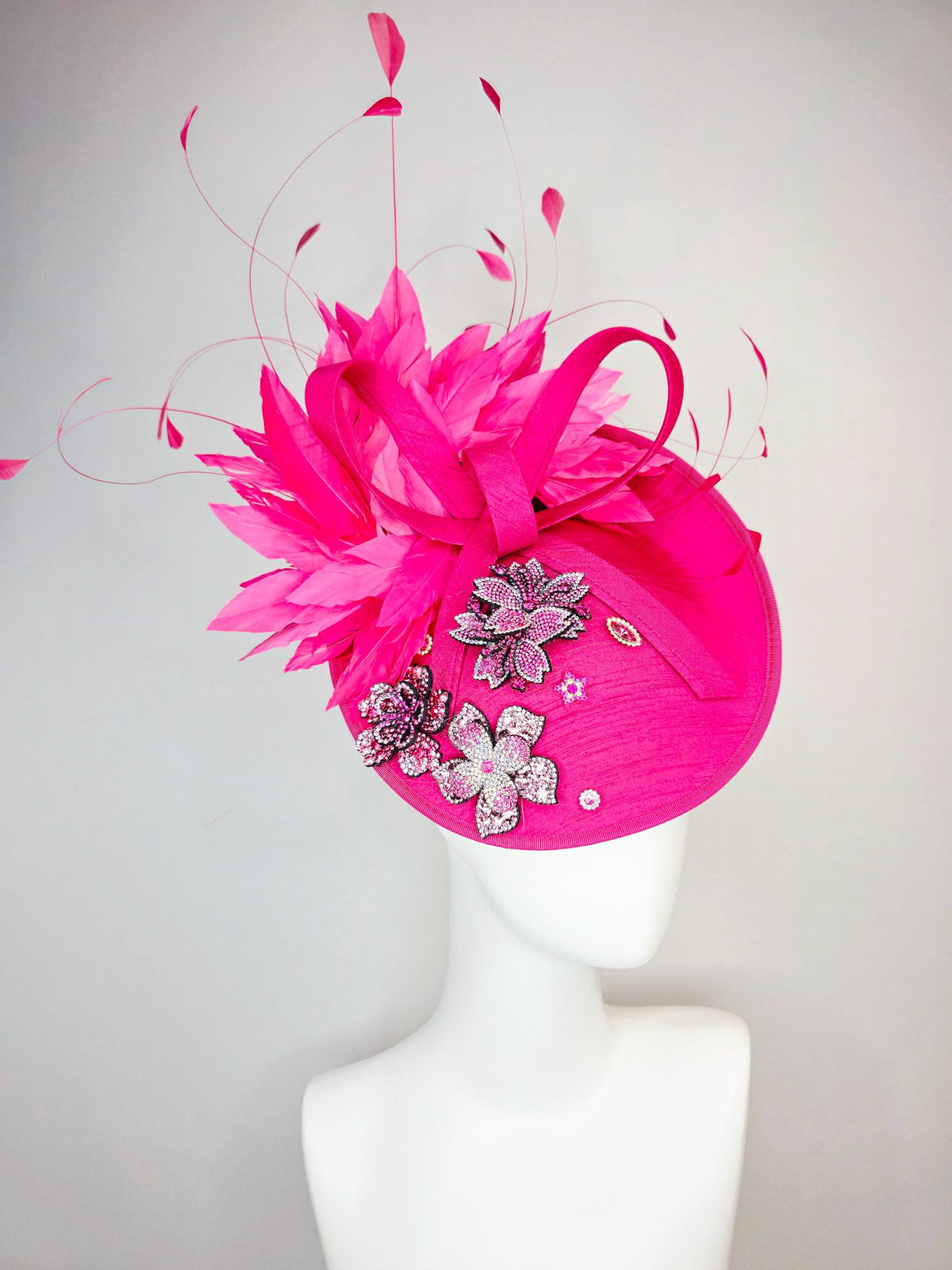 kentucky derby hat fascinator hot pink shantung saucer with shantung bow pink and red crystal rhinestone flowers fuchsia pink feathers