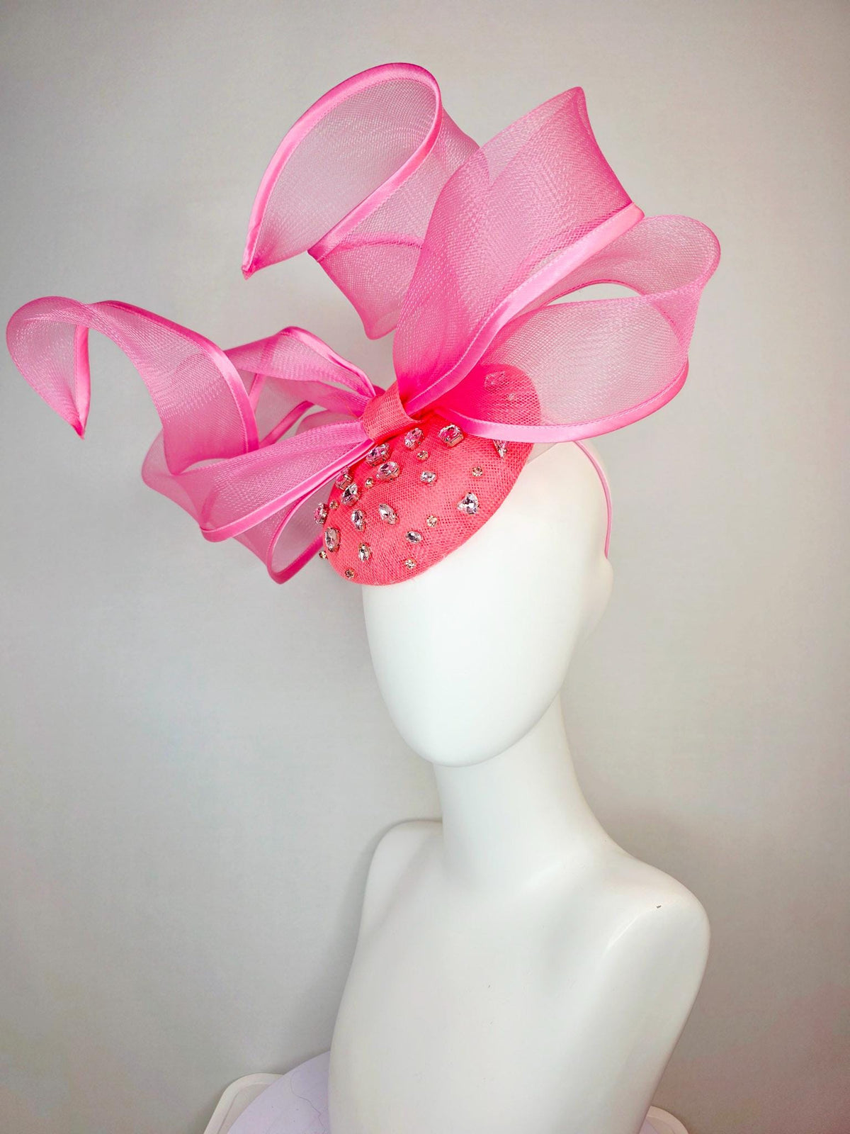 kentucky derby hat fascinator raspberry pink sinamay base with clear crystal jewels blush pink mesh wired ribbon large bendable bow decor