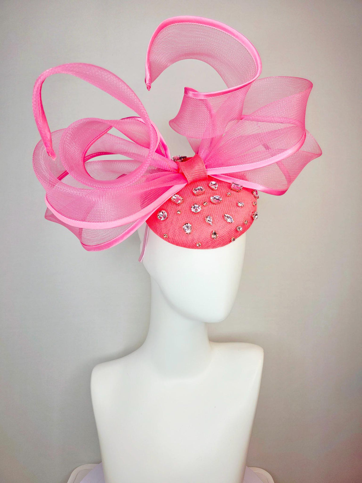 kentucky derby hat fascinator raspberry pink sinamay base with clear crystal jewels blush pink mesh wired ribbon large bendable bow decor