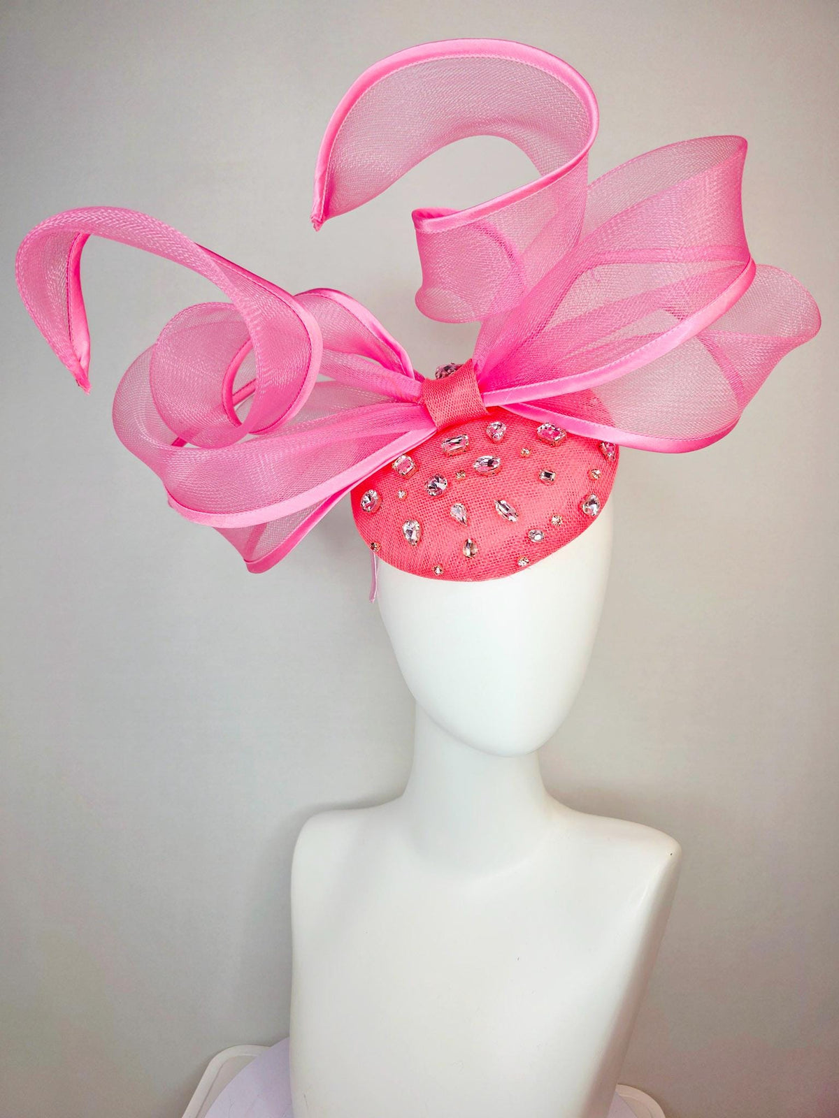kentucky derby hat fascinator raspberry pink sinamay base with clear crystal jewels blush pink mesh wired ribbon large bendable bow decor