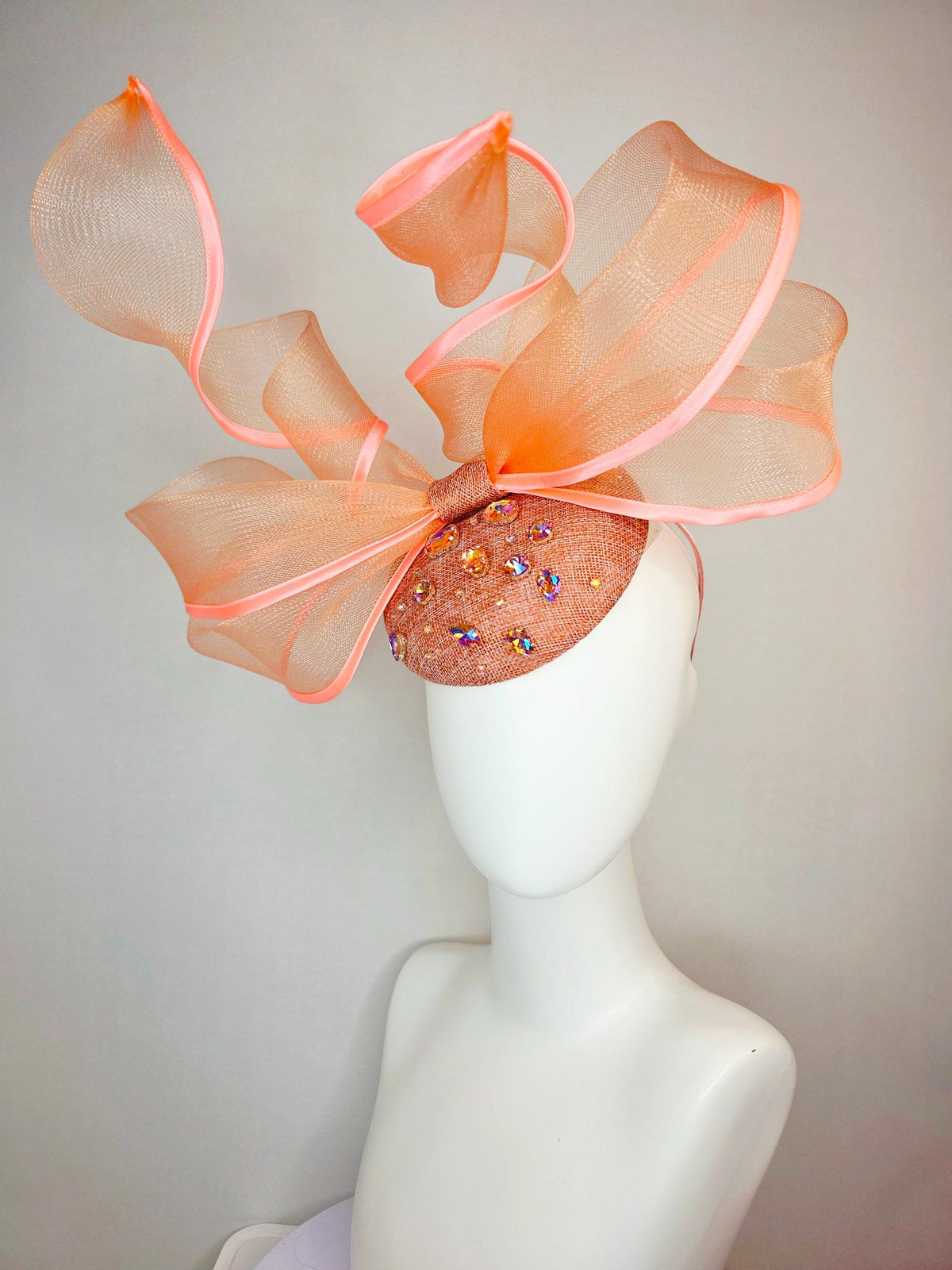 kentucky derby hat fascinator burnt orange sinamay base iridescent orange crystal jewels peach mesh wired ribbon large bendable bow decor
