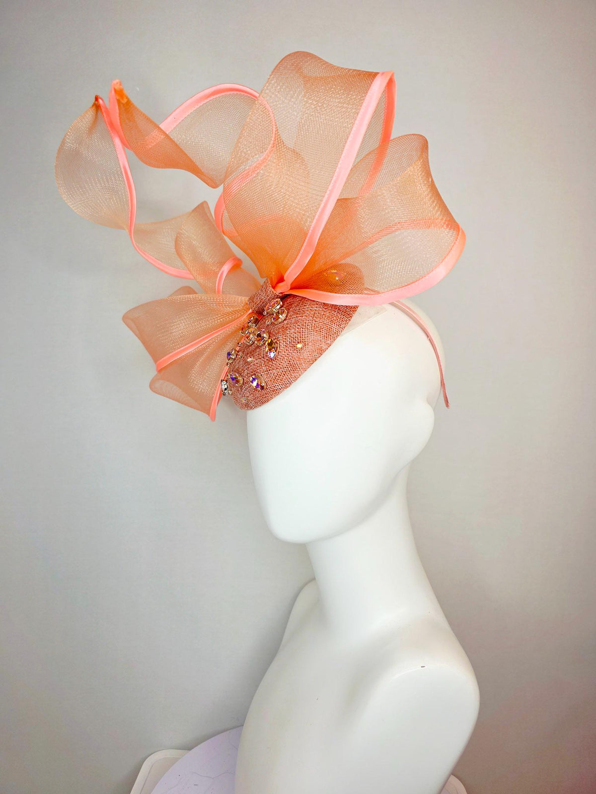 kentucky derby hat fascinator burnt orange sinamay base iridescent orange crystal jewels peach mesh wired ribbon large bendable bow decor