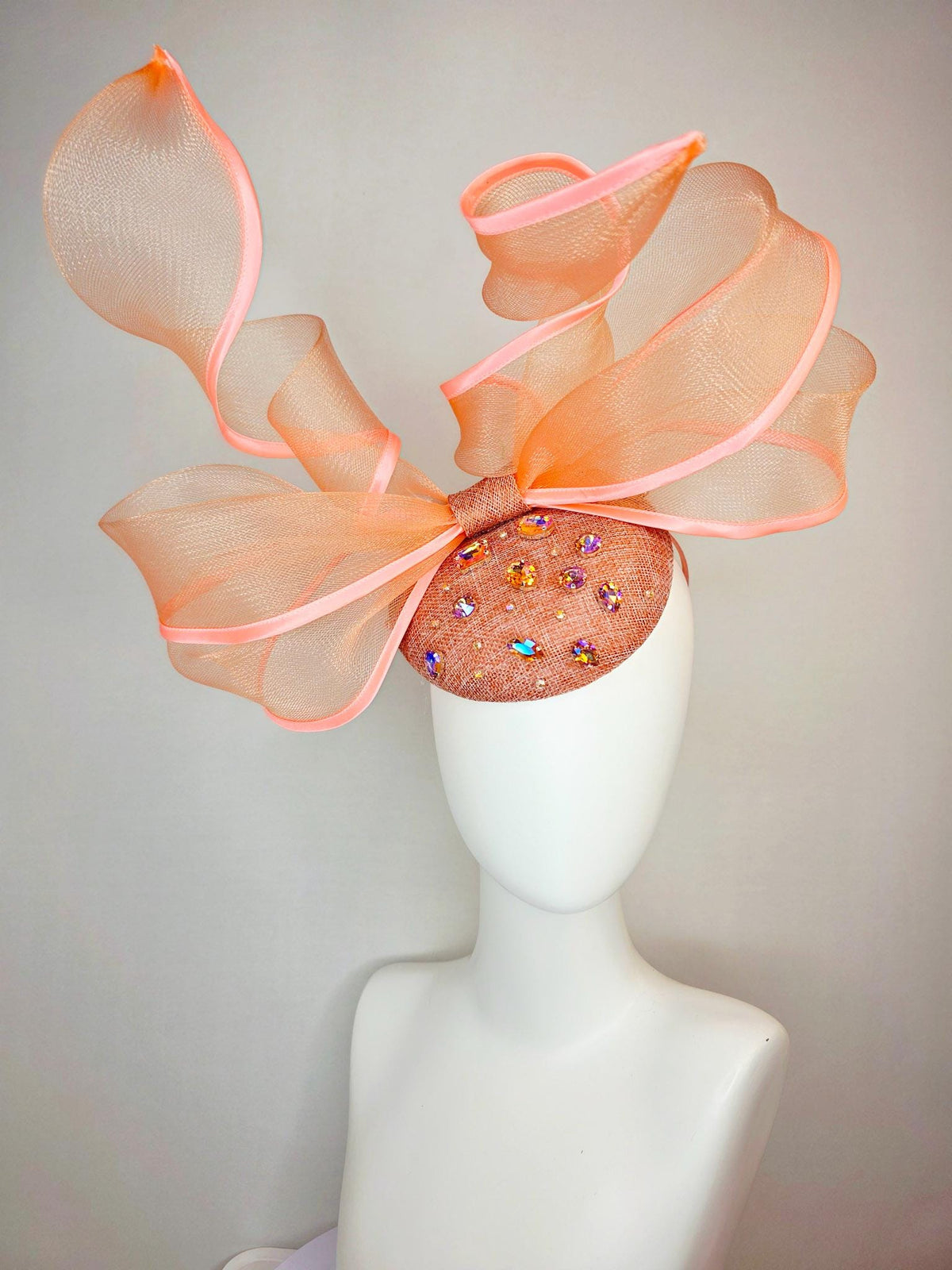 kentucky derby hat fascinator burnt orange sinamay base iridescent orange crystal jewels peach mesh wired ribbon large bendable bow decor