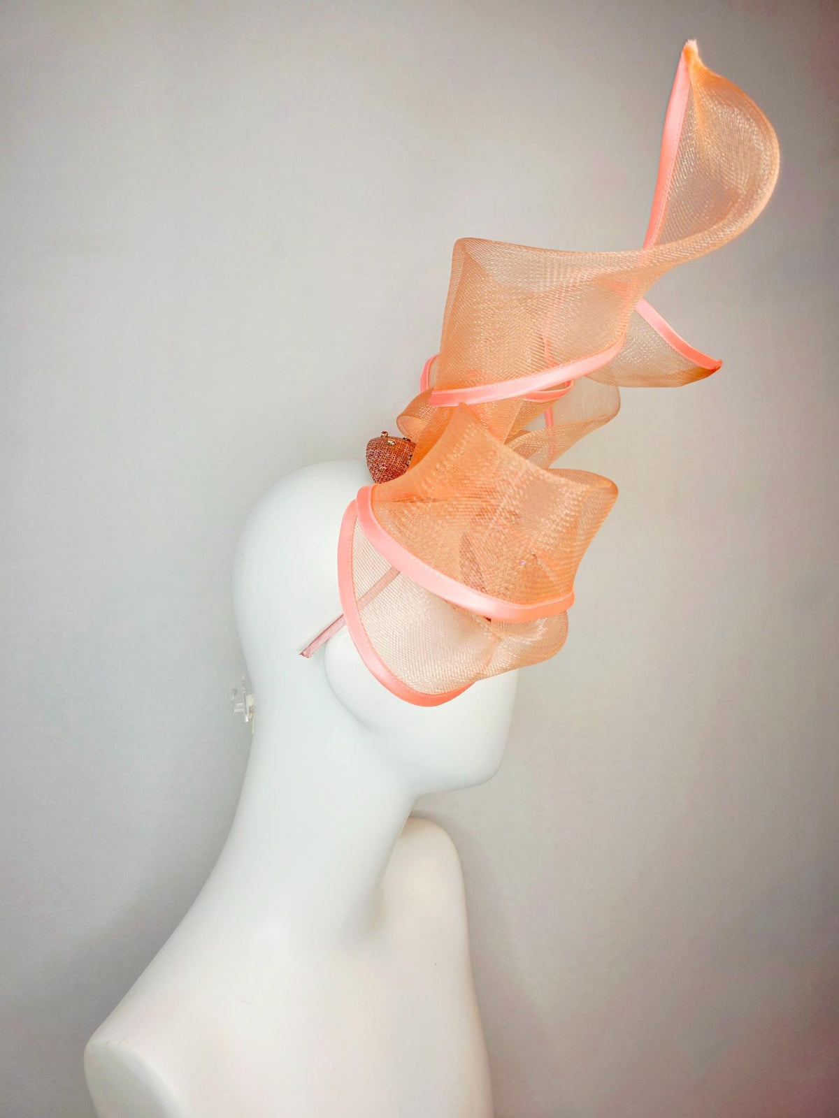 kentucky derby hat fascinator burnt orange sinamay base iridescent orange crystal jewels peach mesh wired ribbon large bendable bow decor